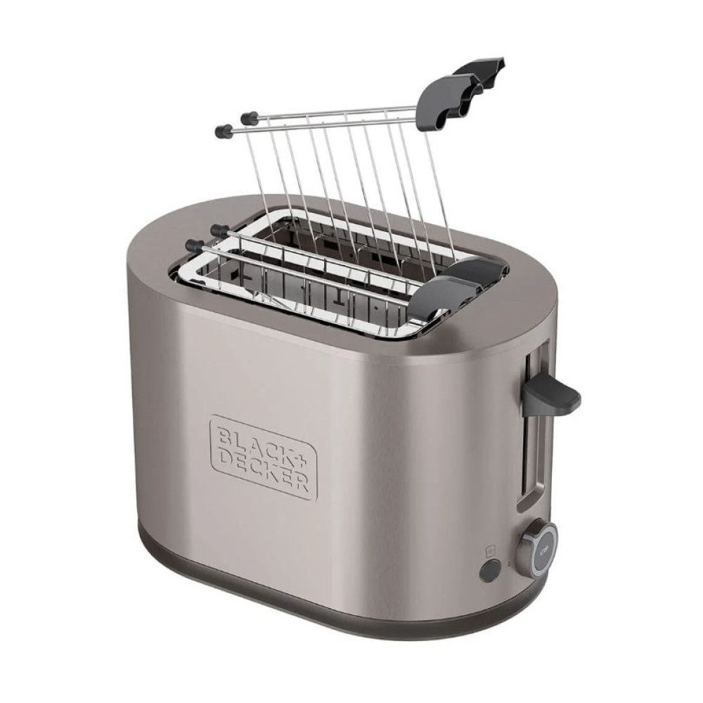 Tostapane Black+Decker argento con vassoio raccoglibriciole cromato esteso.