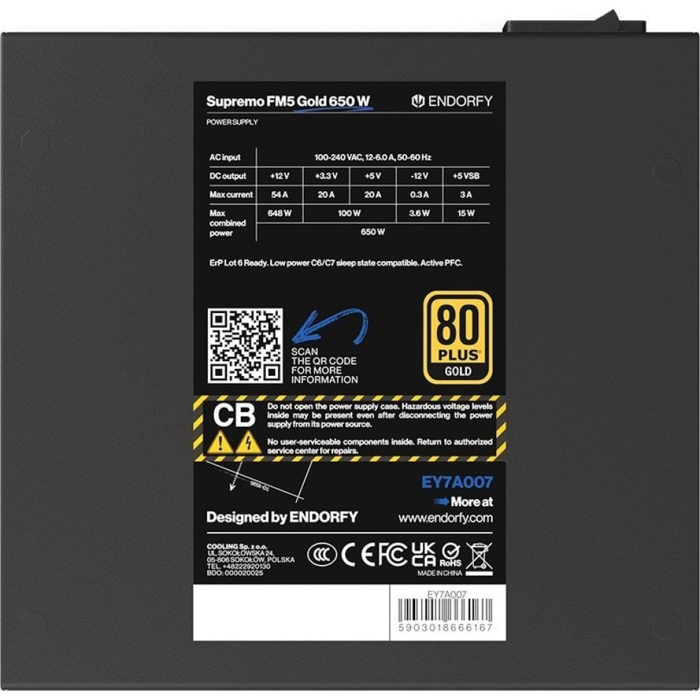 Naklejka zasilacza: Supremo FM5 Gold 650 W, 80 PLUS Gold, kod QR.