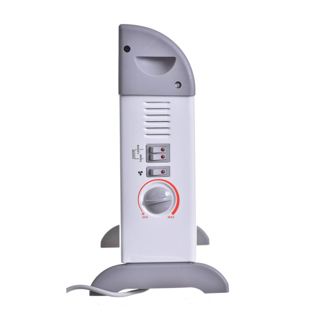 Un radiatore bianco e grigio con controlli: una manopola, interruttori e fessure di ventilazione.
