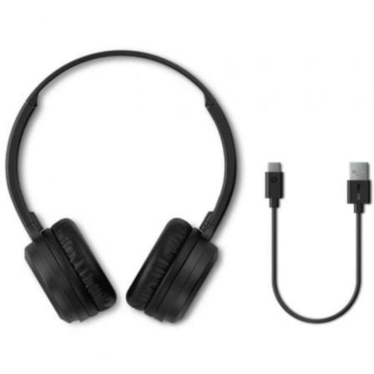 Cuffie nere con cavo e connettore USB-C su sfondo bianco.