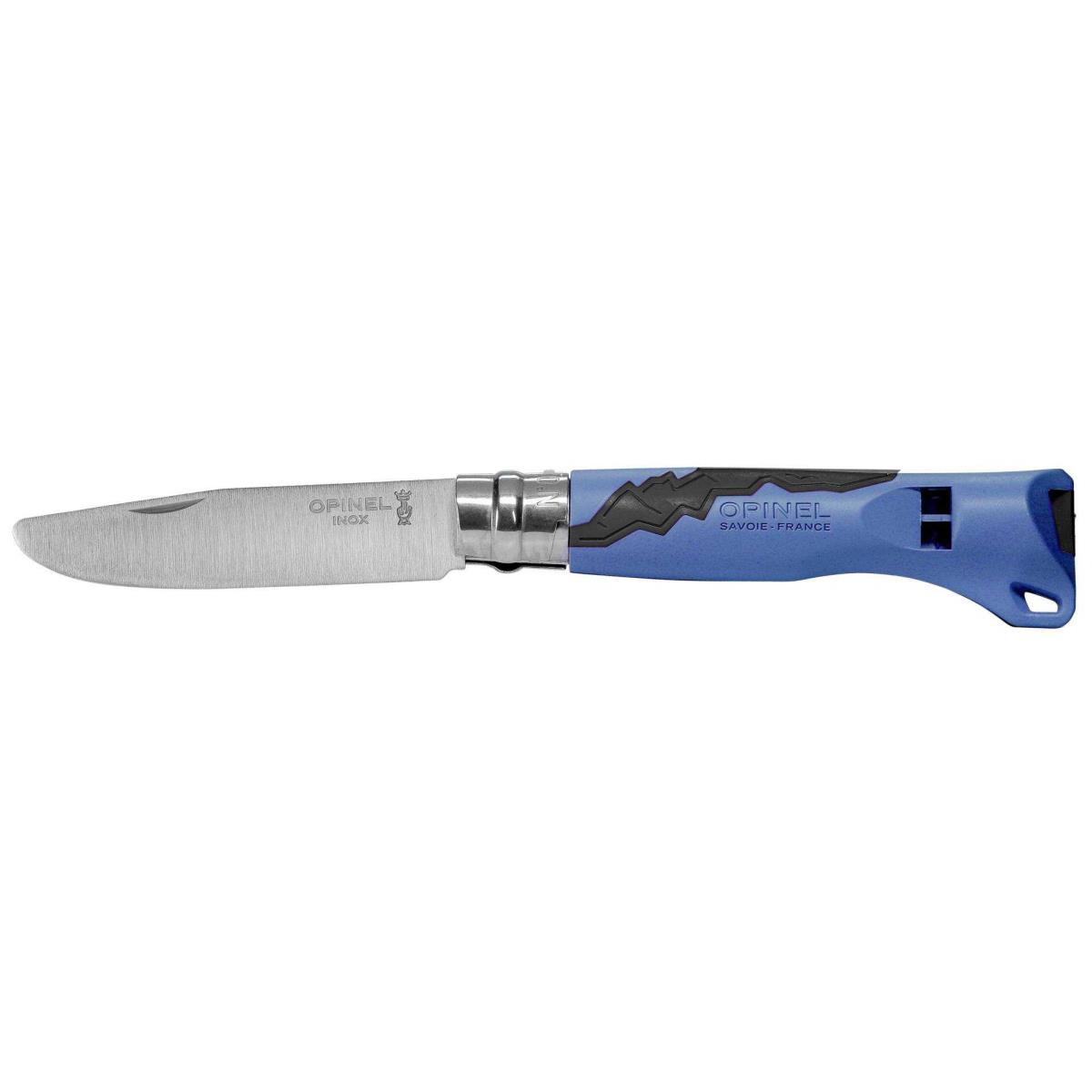 Ein blaues Opinel-Messer mit silberner Klinge und schwarzem Bergmotiv.