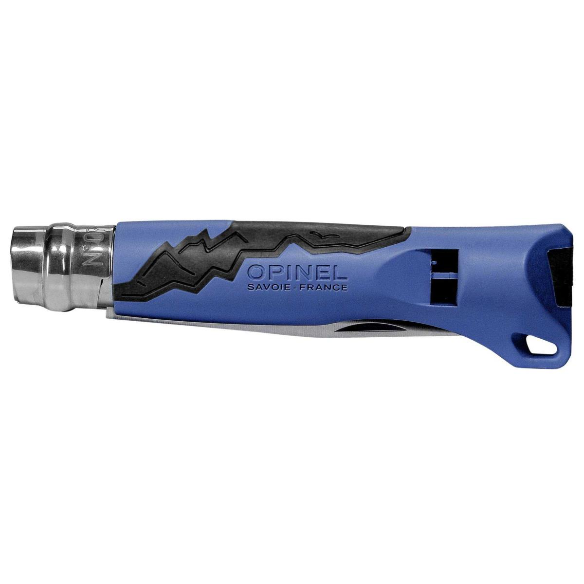 Ein blauer Opinel-Messergriff mit schwarzer Bergkontur und der Aufschrift SAVOIE-FRANCE.