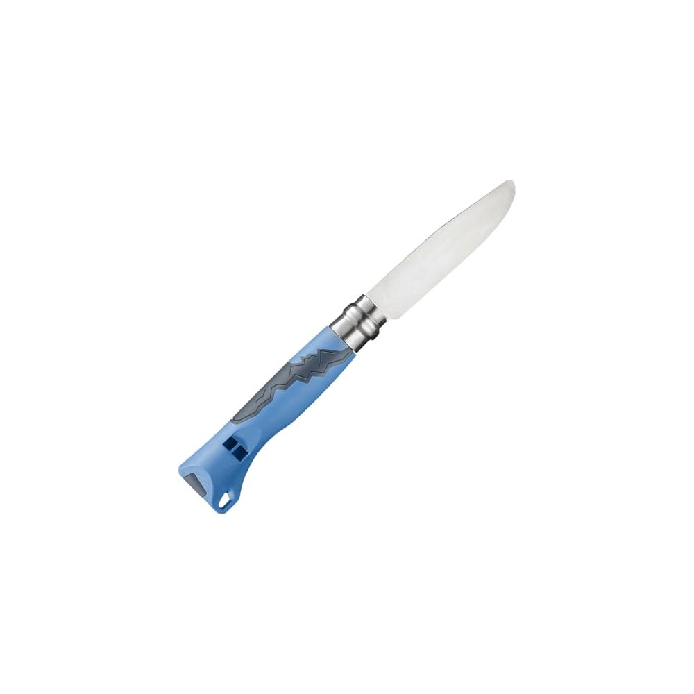 Ein blaues Messer mit silbernem Griff und Klinge auf weißem Hintergrund.