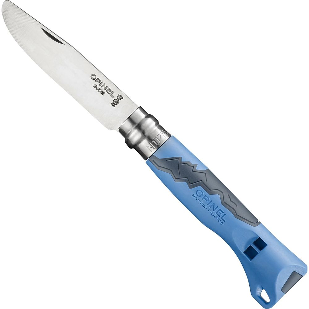 Ein blaues Opinel-Messer mit silberner Klinge und Bergmotiv.
