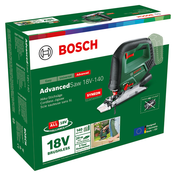Verpackung einer Bosch Akku-Stichsäge AdvancedSaw 18V-140 mit Werkzeugabbildung.