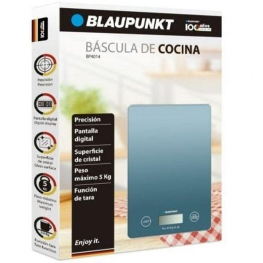 Verpackung einer blauen Glas-Küchenwaage von Blaupunkt mit digitalen Anzeigen.