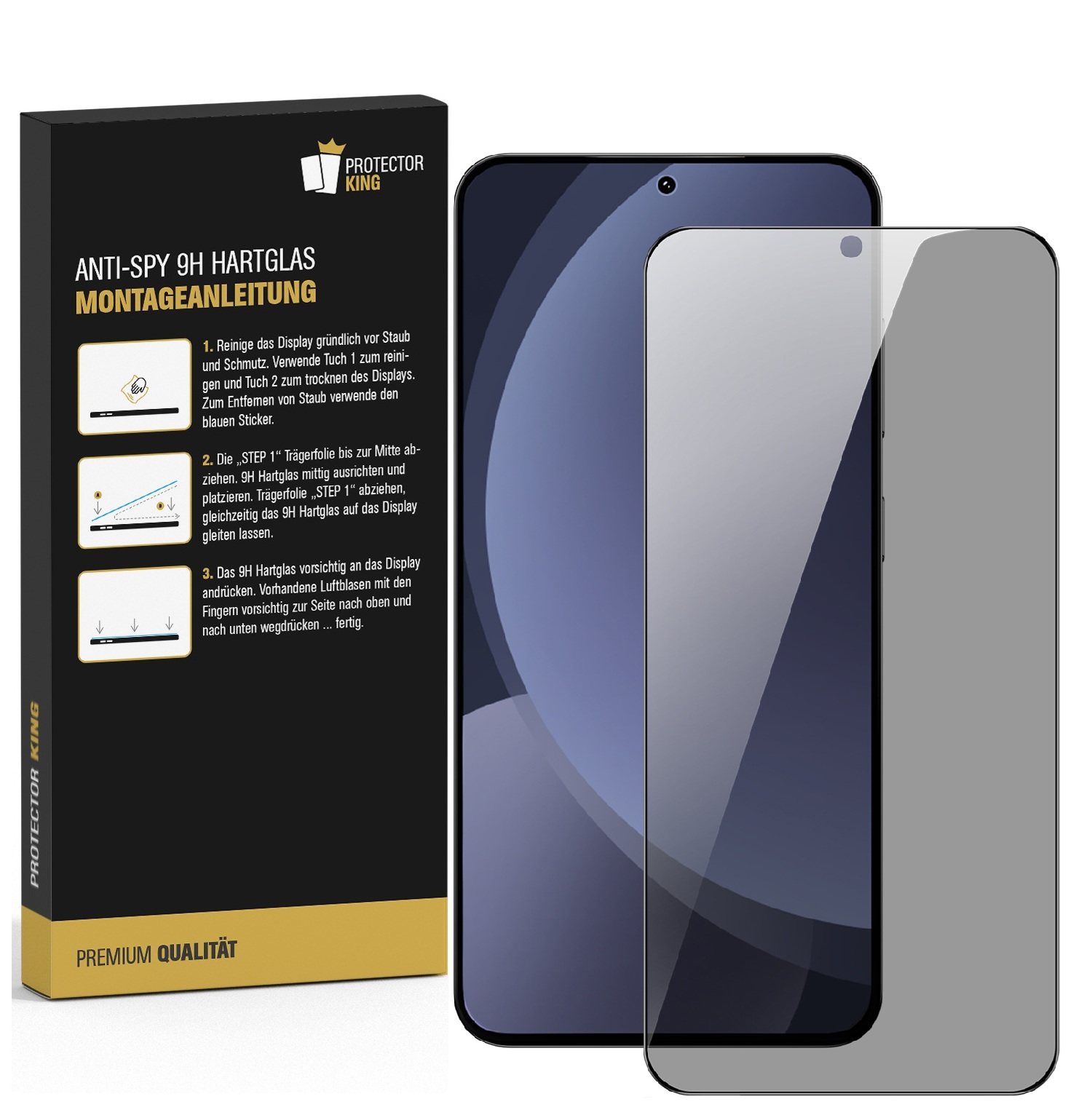 Verpackung und Displayschutzfolie für ein Smartphone. Anleitung auf Deutsch.