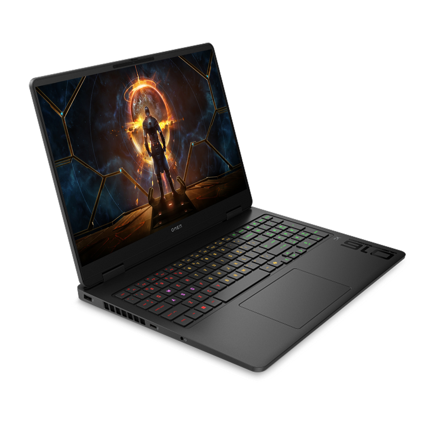 Ekranında fütüristik savaşçı ve RGB klavyeli siyah Omen dizüstü bilgisayar.