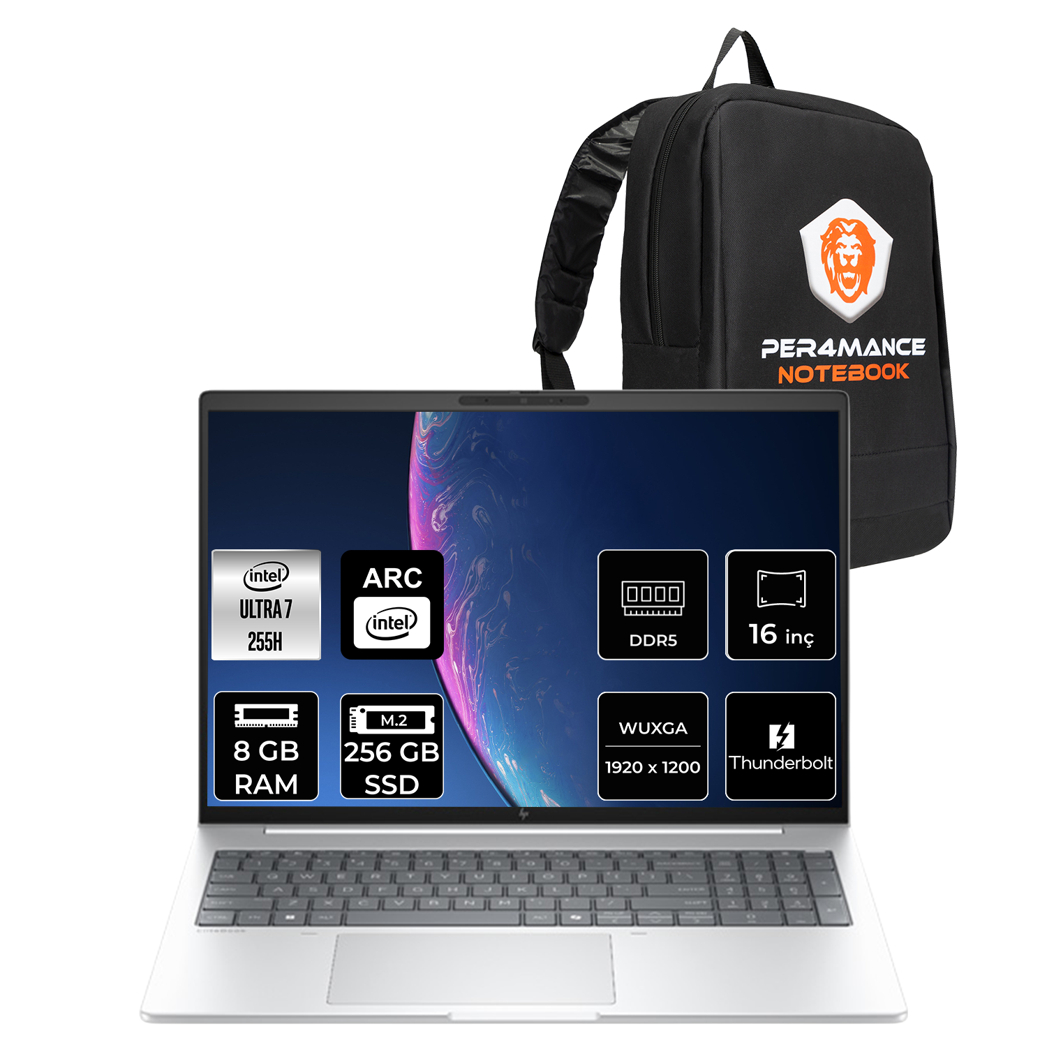Intel Core Ultra 7 işlemcili gümüş rengi dizüstü bilgisayar ve logolu siyah sırt çantası.