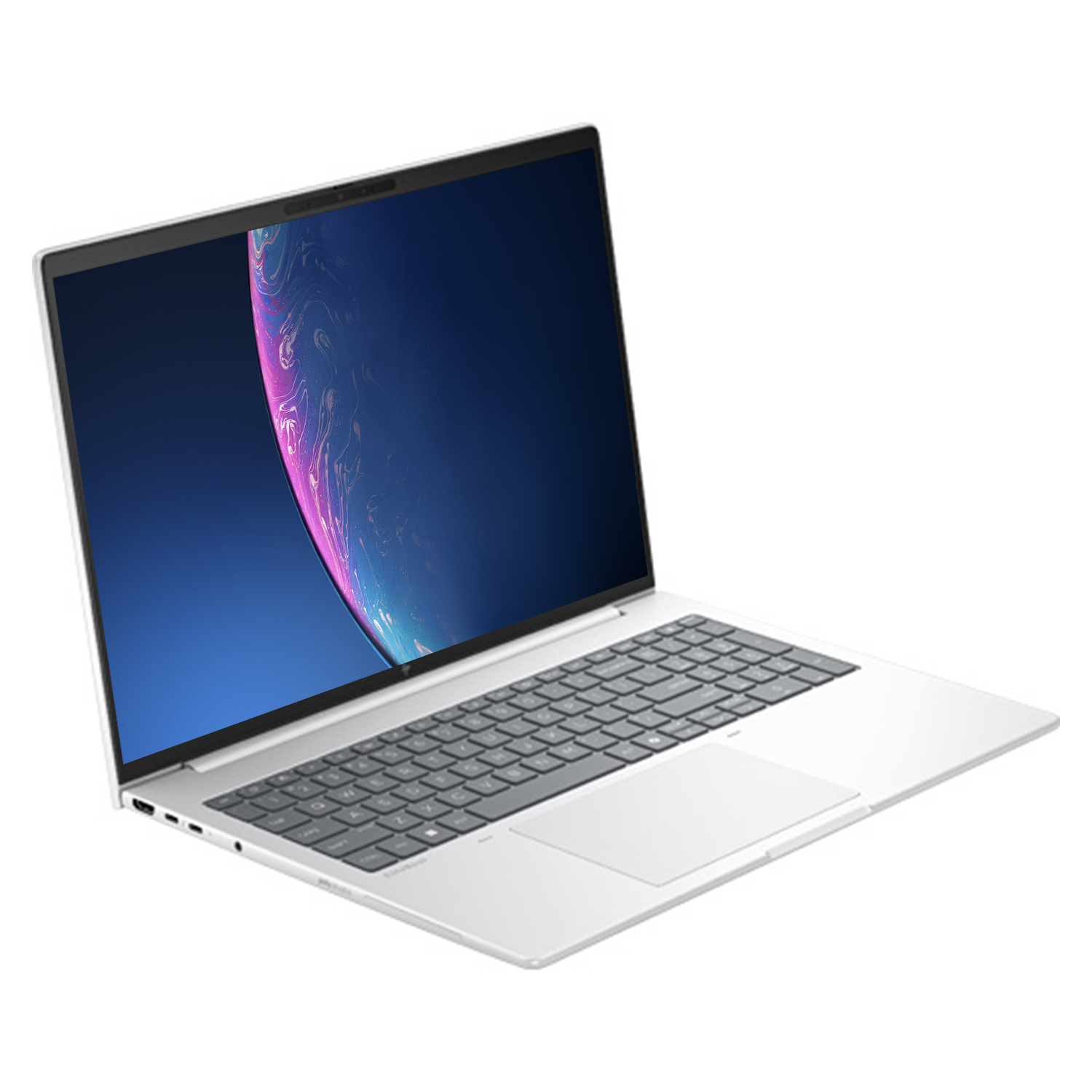 Ekranında soyut bir arka planı olan açık gümüş renkli dizüstü bilgisayar.