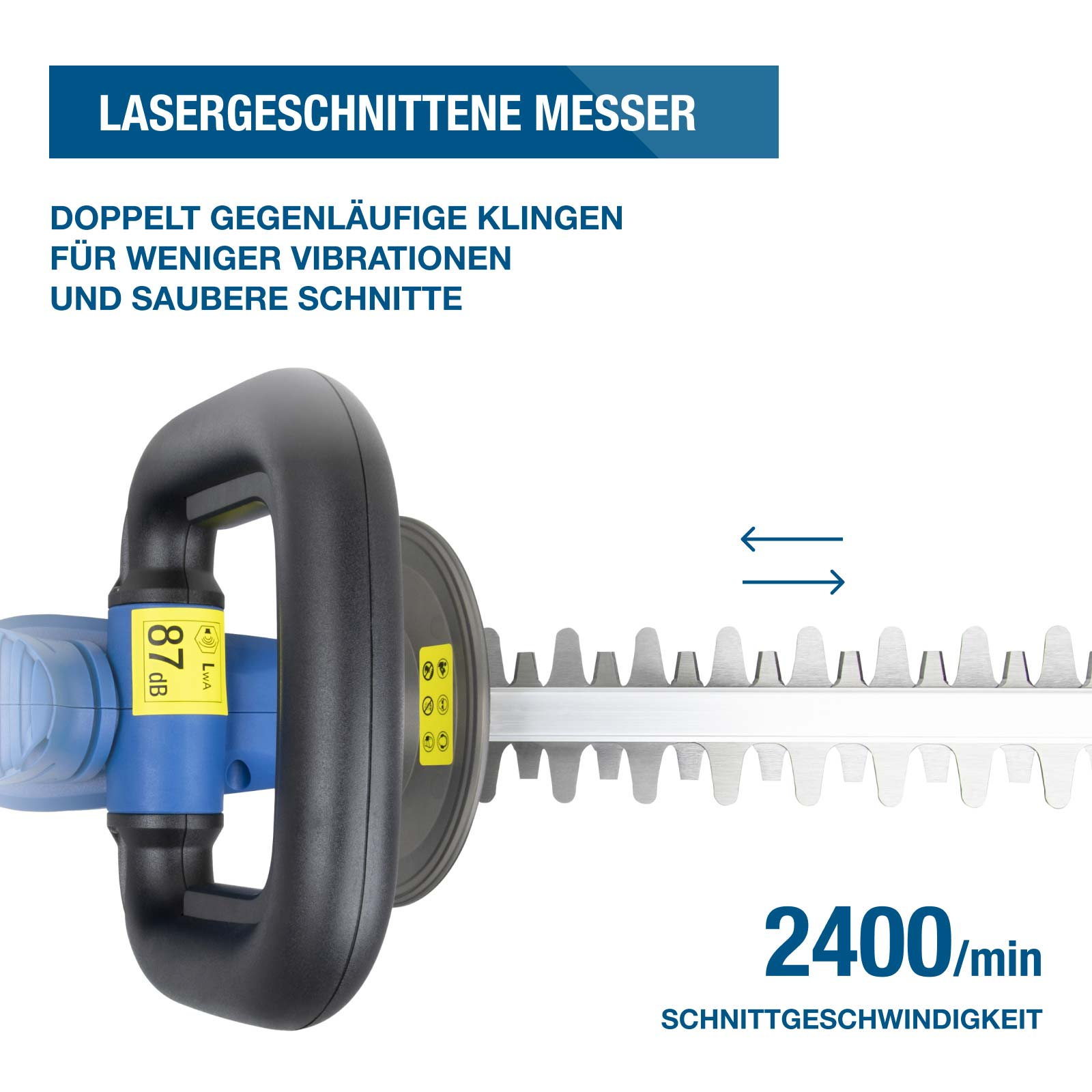 Nahaufnahme eines Heckenscheren-Kopfs mit Laserschnittmessern und 2400 U/min.