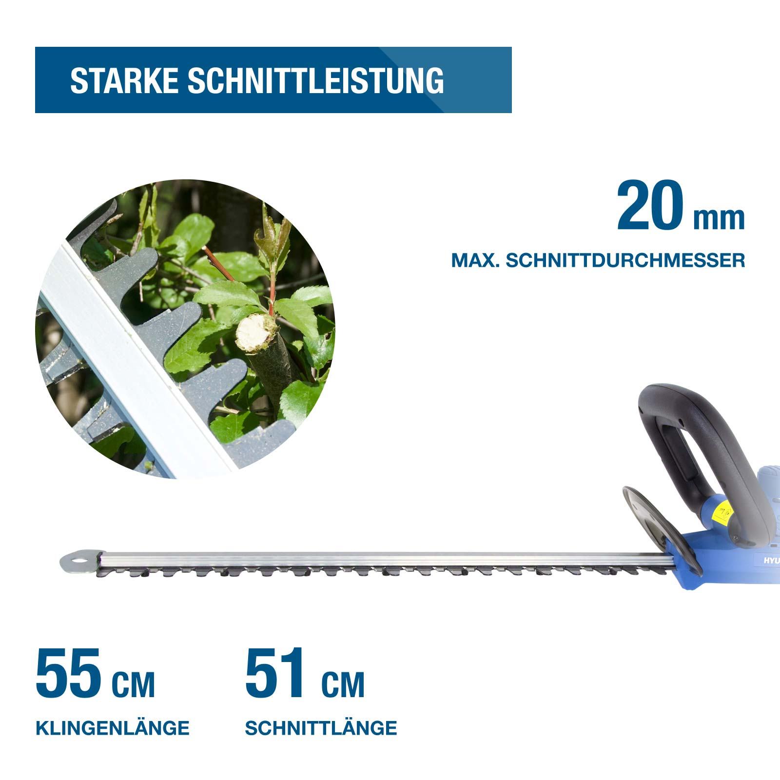 Blauer Heckenschneider mit 55cm Klingelänge, 51cm Schnittlänge, max 20mm Schnittdurchmesser.