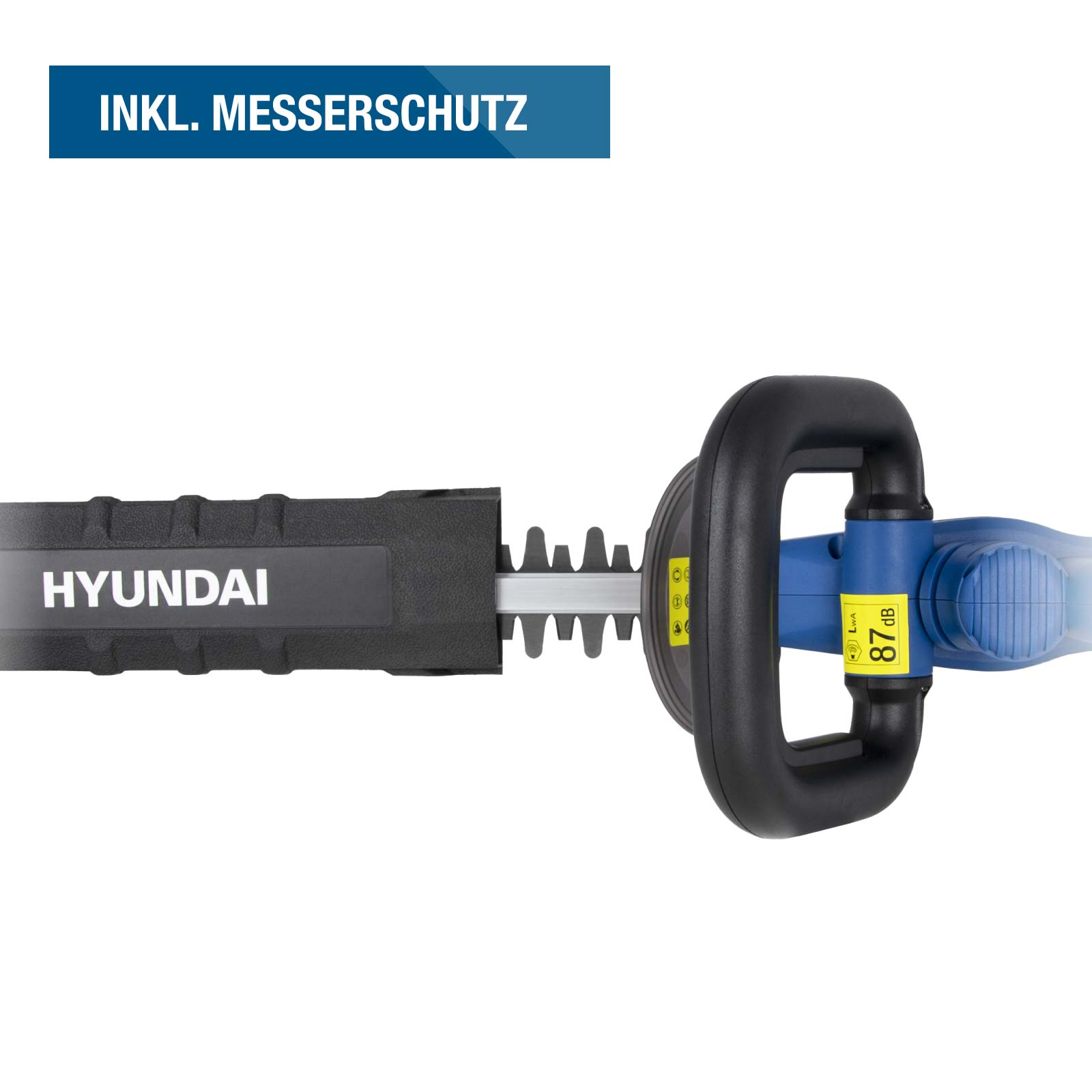 Ein blauer Heckenschneider mit schwarzem Griff und der Aufschrift HYUNDAI.