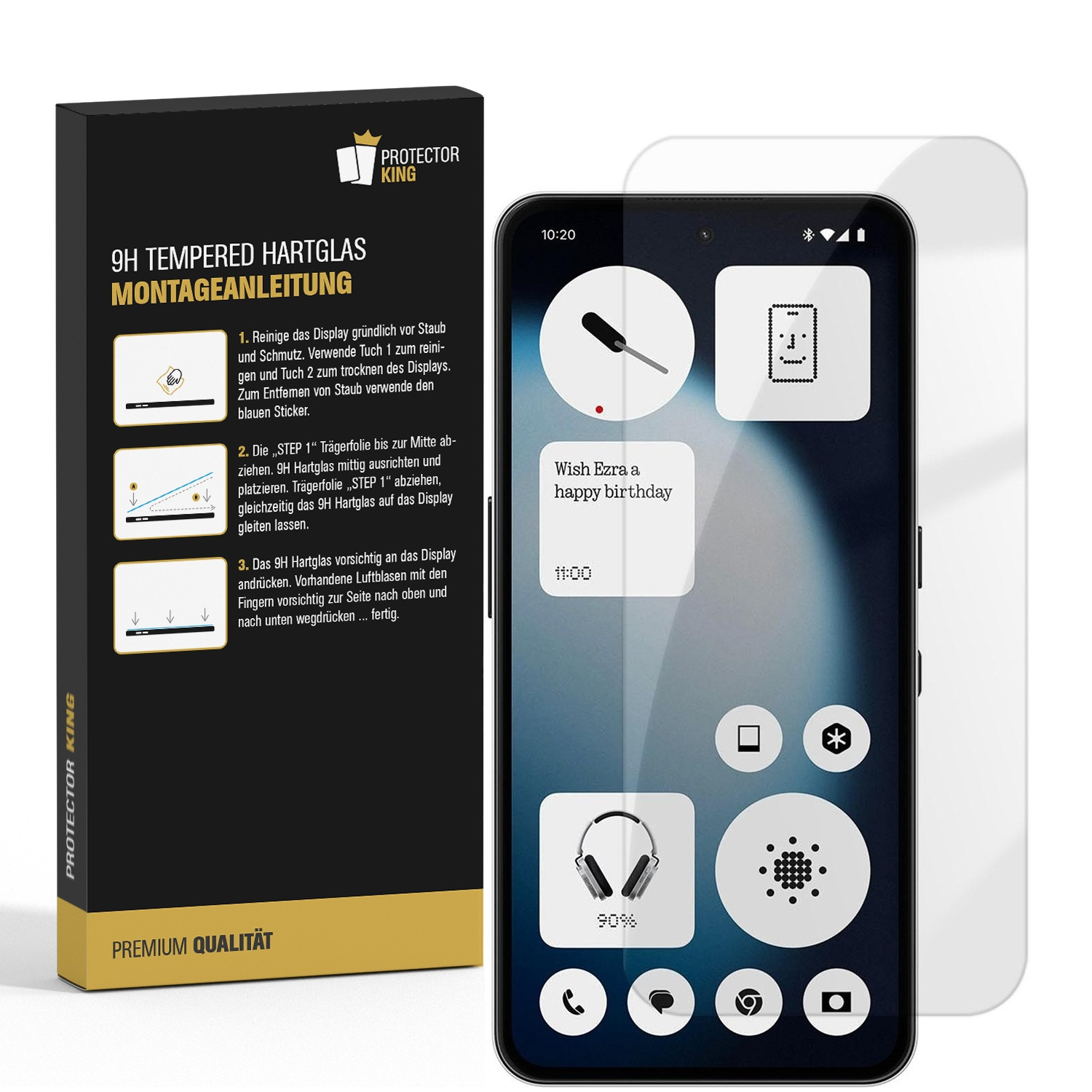 Protector King Anleitung für 9H Hartglas neben einem Smartphone mit Installationssymbolen.