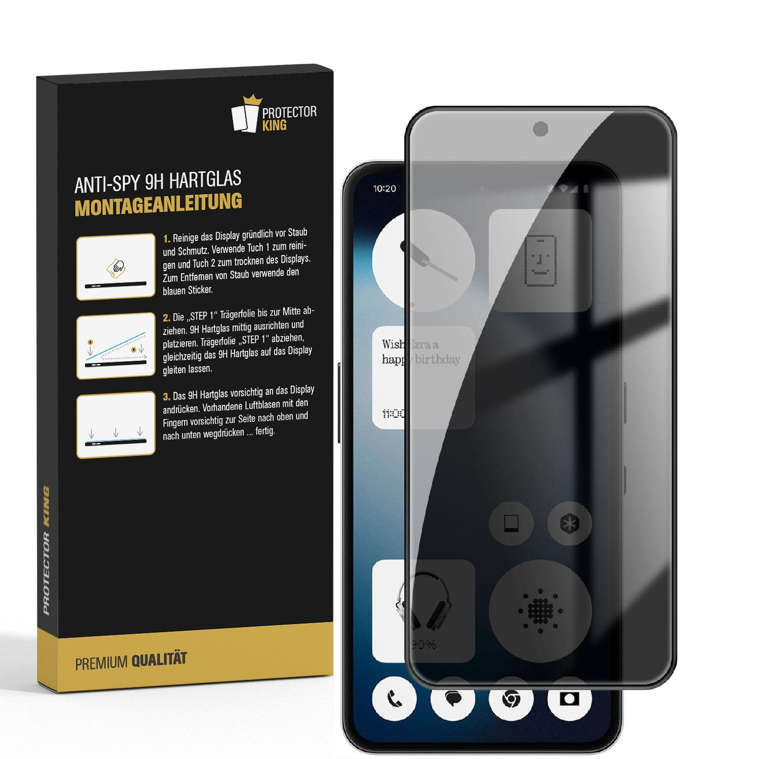 Schwarze Schutzfolie für Smartphone-Displays mit Anleitung. Zeigt Handy-Display.