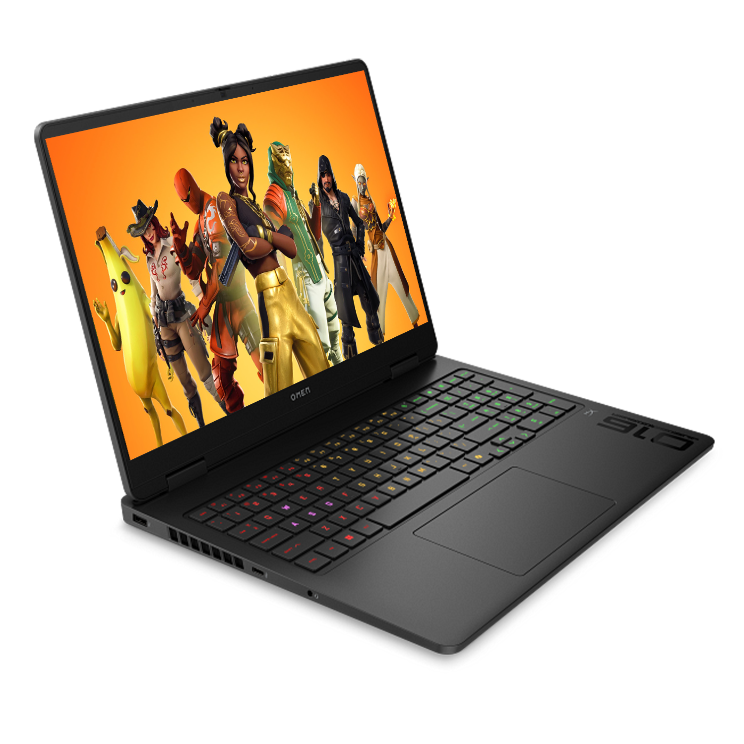 Siyah bir HP Omen dizüstü bilgisayar, turuncu arka plana karşı Fortnite karakterlerini gösteriyor.