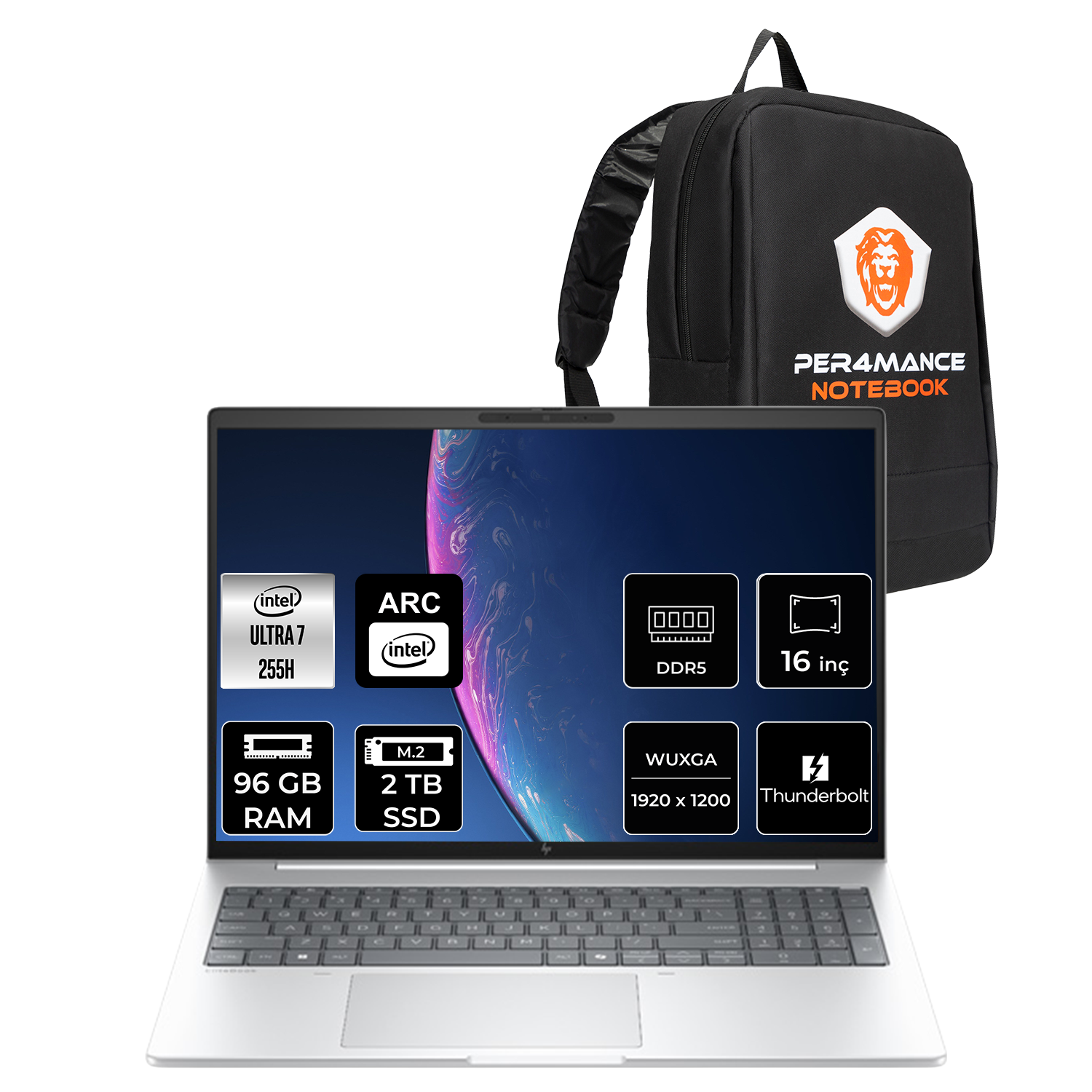 Intel Ultra 7, 96 GB RAM, 2 TB SSD'li dizüstü bilgisayar ve siyah sırt çantası.