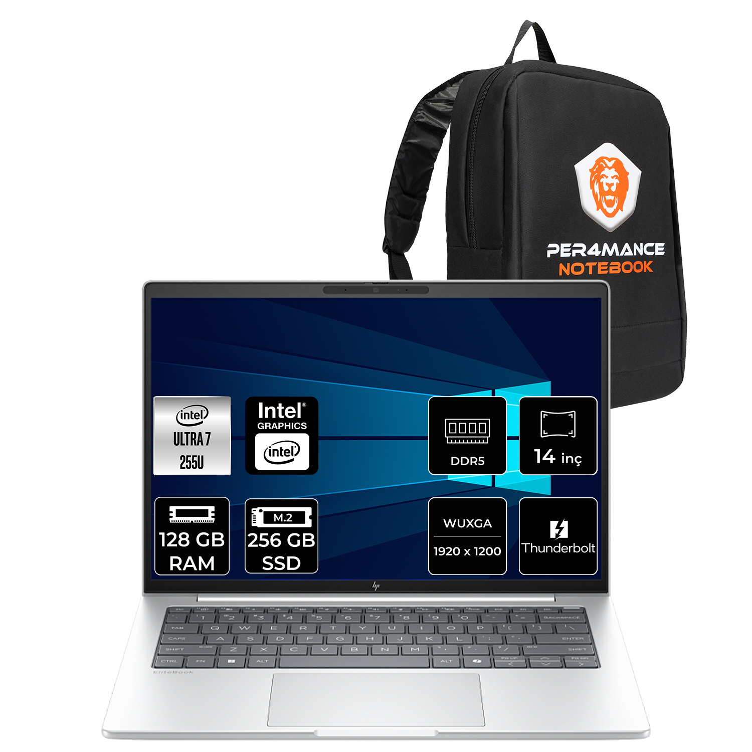 Intel Ultra 7, 128 GB RAM, 256 GB SSD'li gümüş dizüstü bilgisayar ve siyah sırt çantası.