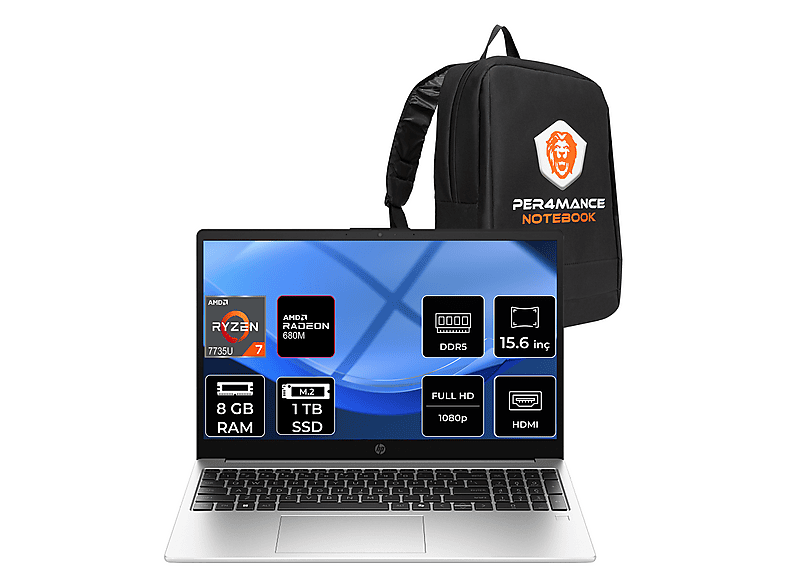 HP 255R G10 FHD D30M1ETPN303 AMD Ryzen 7 7735U 8 GB RAM 1 TB SSD 15,6 inç FreeDOS Laptop+Çanta Metalik Gri
