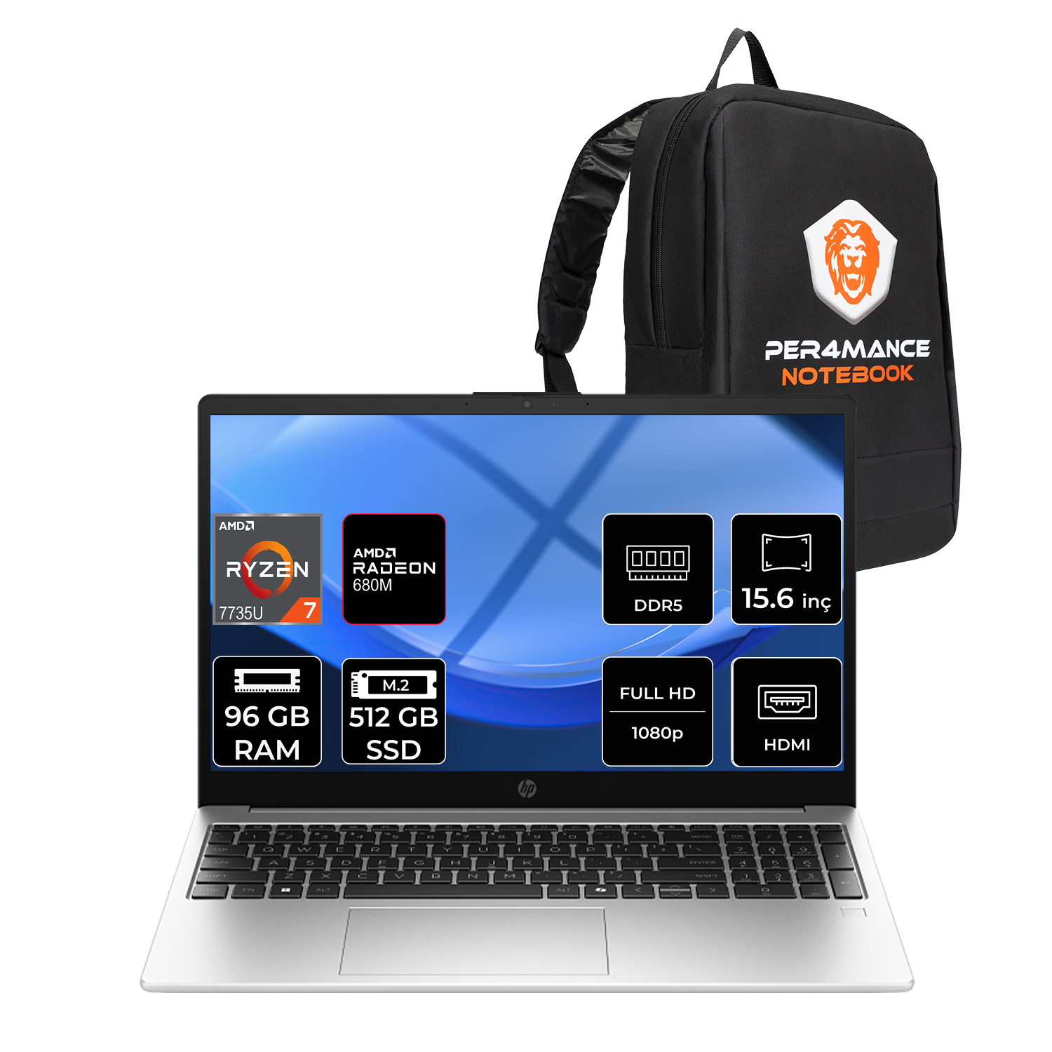96GB RAM, 512GB SSD ve Ryzen 7 CPU'lu gümüş HP dizüstü bilgisayar, siyah sırt çantası yanında.