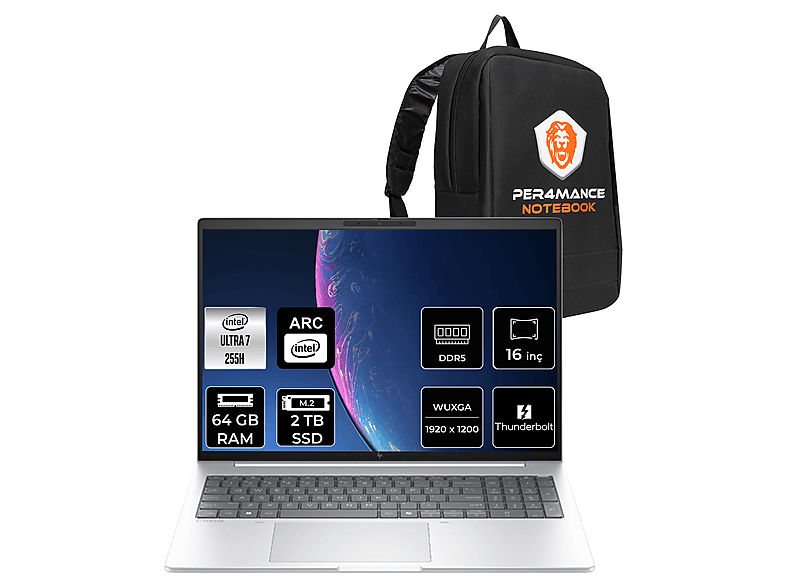 HP EB 8 AI G1i FHD+ AD3T0ETPN334 Intel Core Ultra 7 255H 64 GB RAM 2 TB SSD 16 inç FreeDOS Laptop+Çanta Metalik Gri