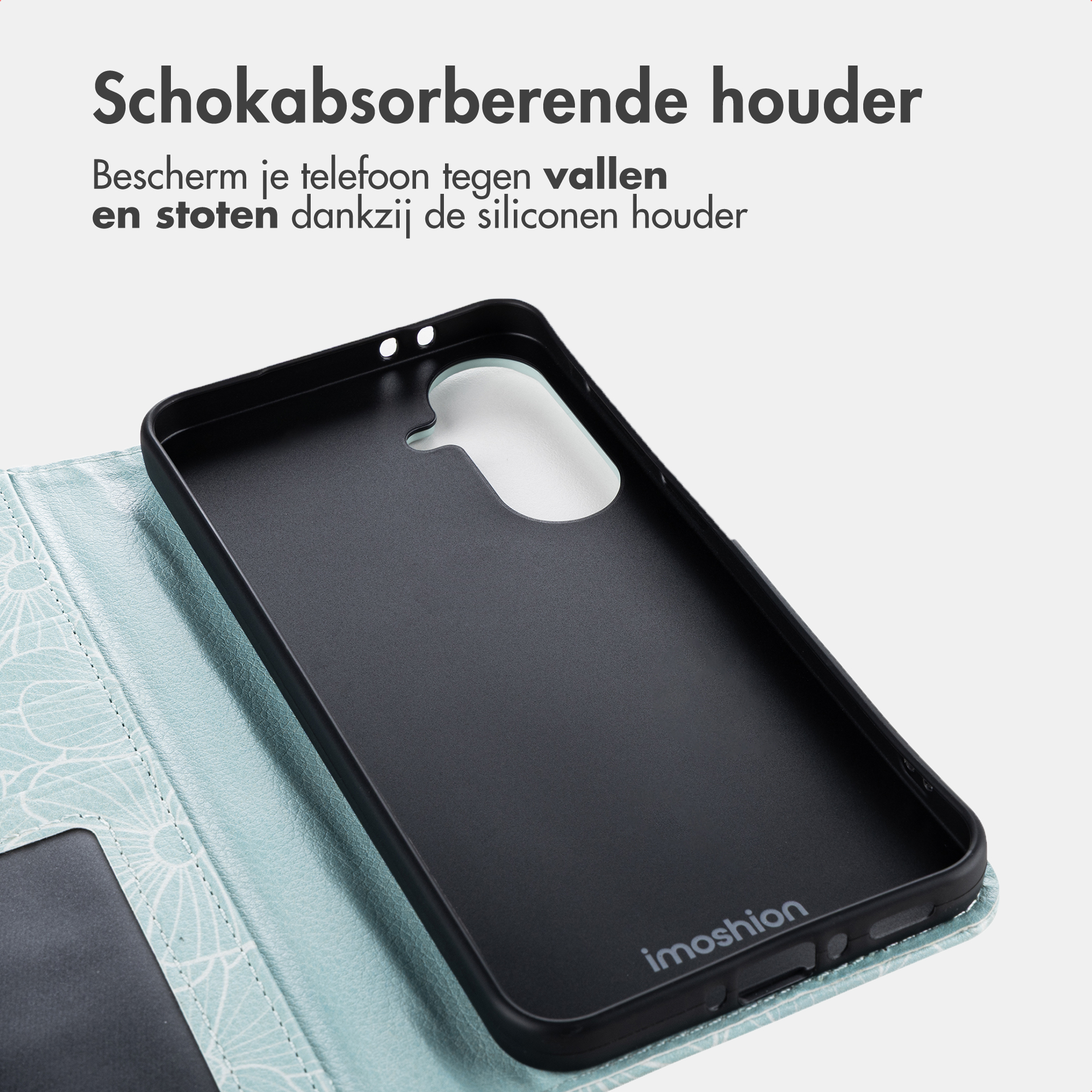 Schwarze Handyhülle mit blauem Muster auf der linken Seite.