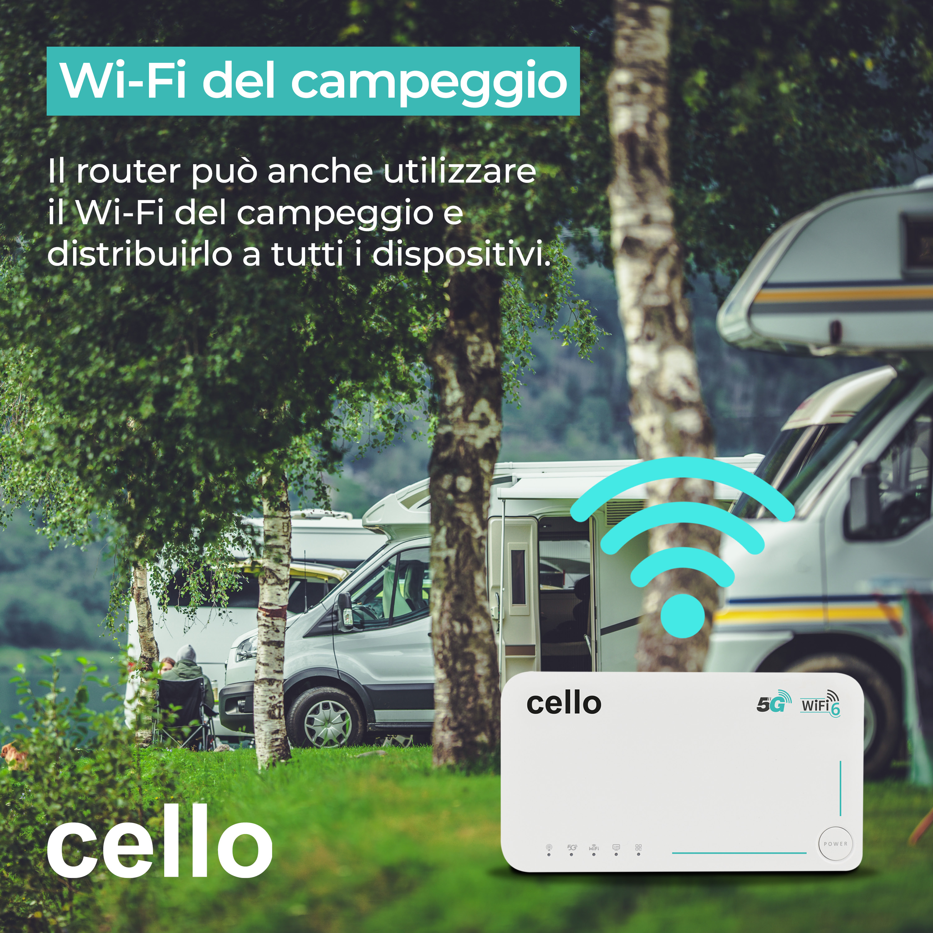 Ein weißer Router mit WLAN-Symbol steht im Freien vor Wohnmobilen und Bäumen.