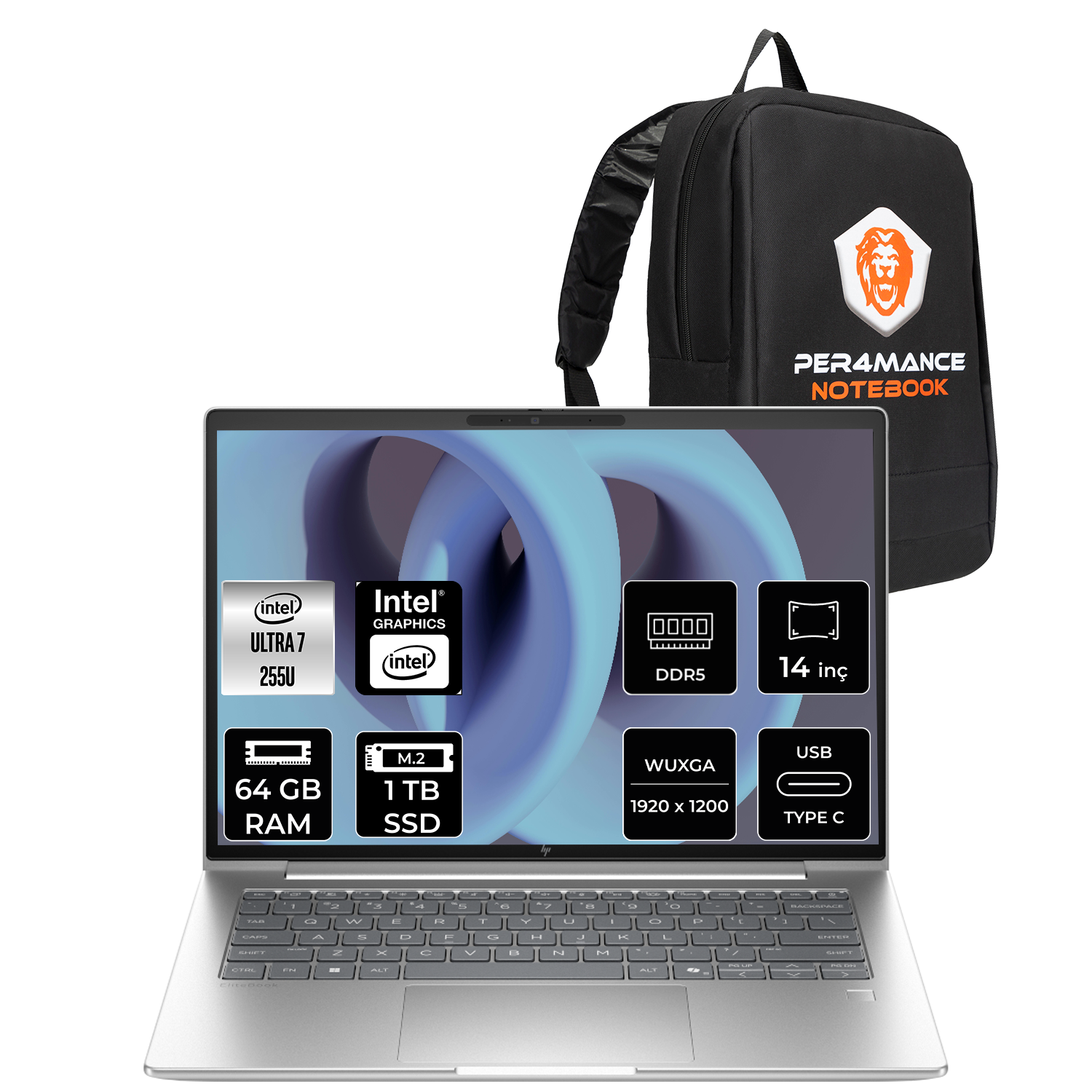 Intel Ultra 7 işlemcili, 64GB RAM, 1TB SSD'li dizüstü bilgisayar ve siyah sırt çantası.