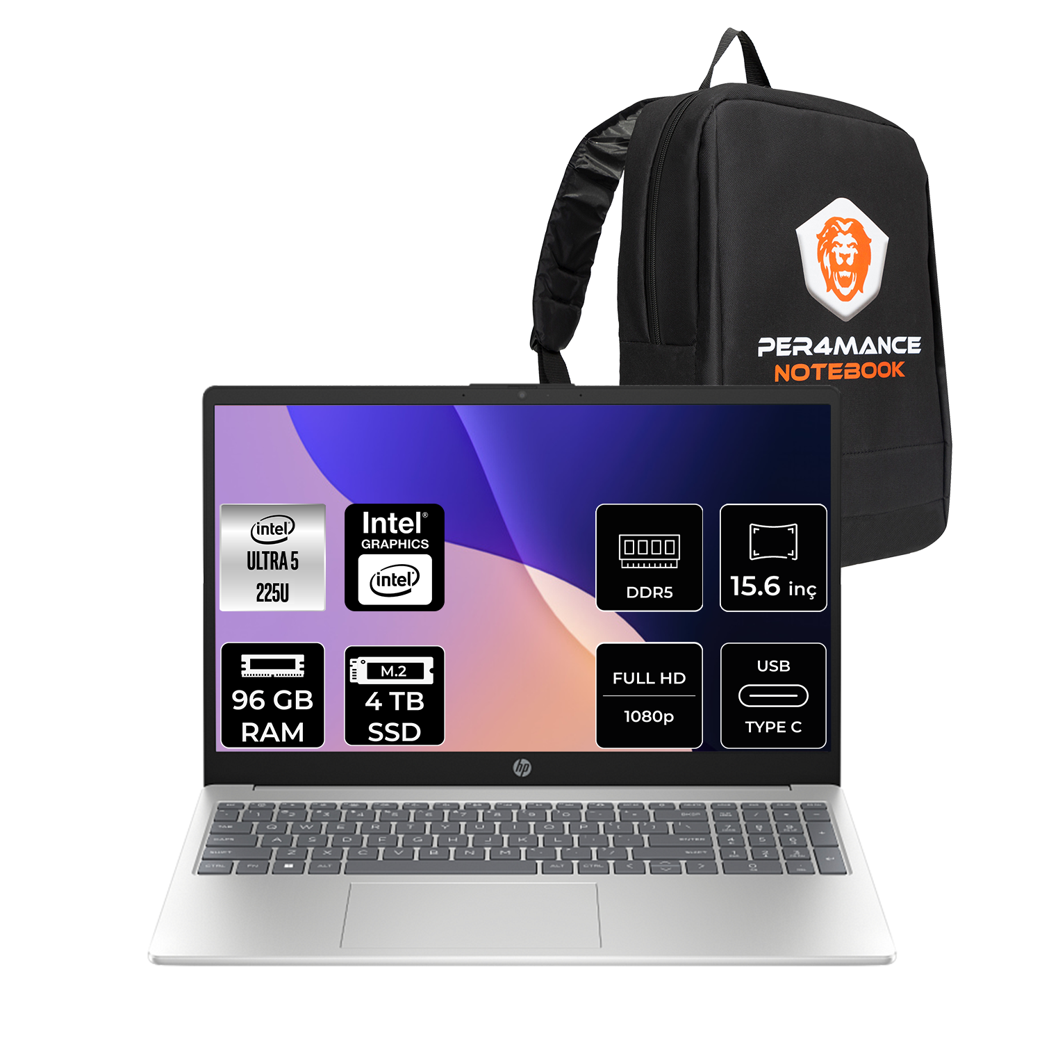 Gümüş renkli dizüstü bilgisayar, Intel Core Ultra 5, 96 GB RAM, 4 TB SSD, yanında siyah sırt çantası.