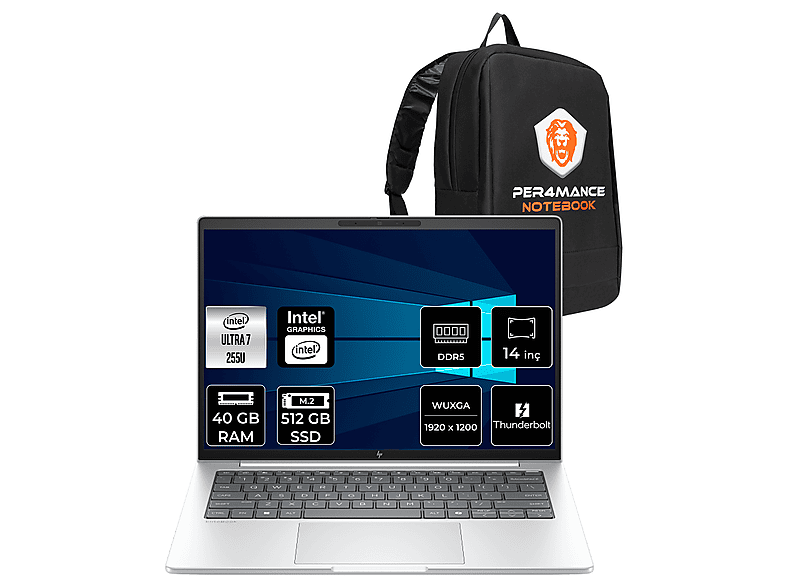 HP EB 8 G1i FHD+ CS7R0ETPN322 Intel Core Ultra 7 255U 40 GB RAM 512 GB SSD 14 inç FreeDOS Laptop+Çanta Metalik Gri