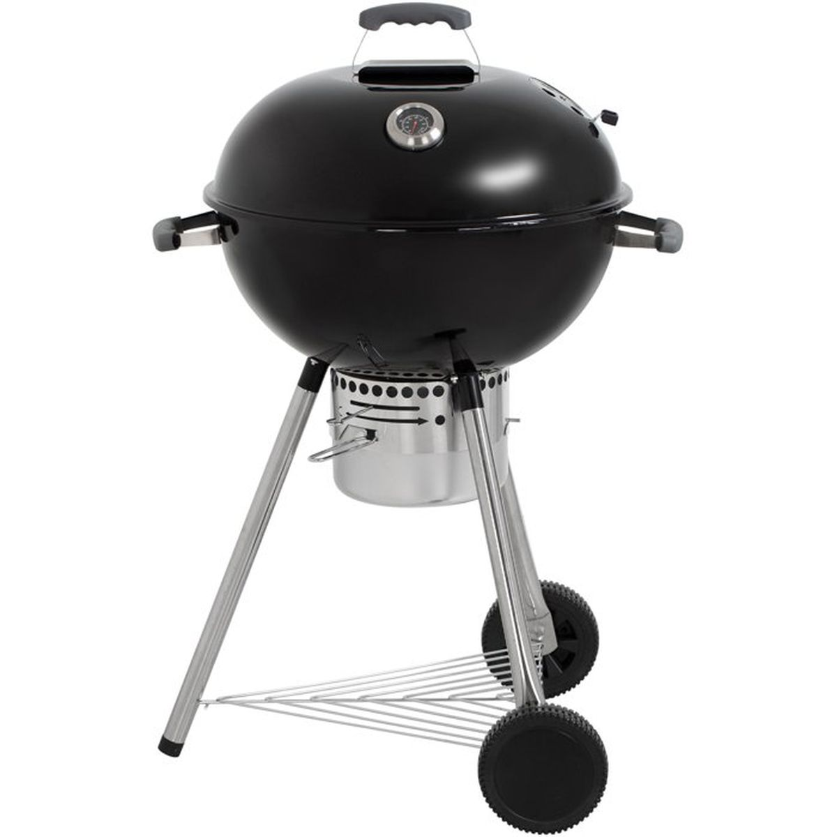 Ein schwarzer Kugelgrill mit Thermometer auf dem Deckel, auf weißem Hintergrund.