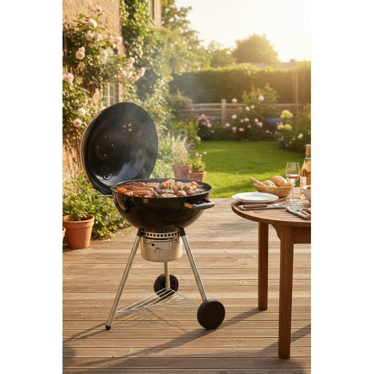 Ein Grill mit Essen und ein Tisch mit Speisen im Garten.