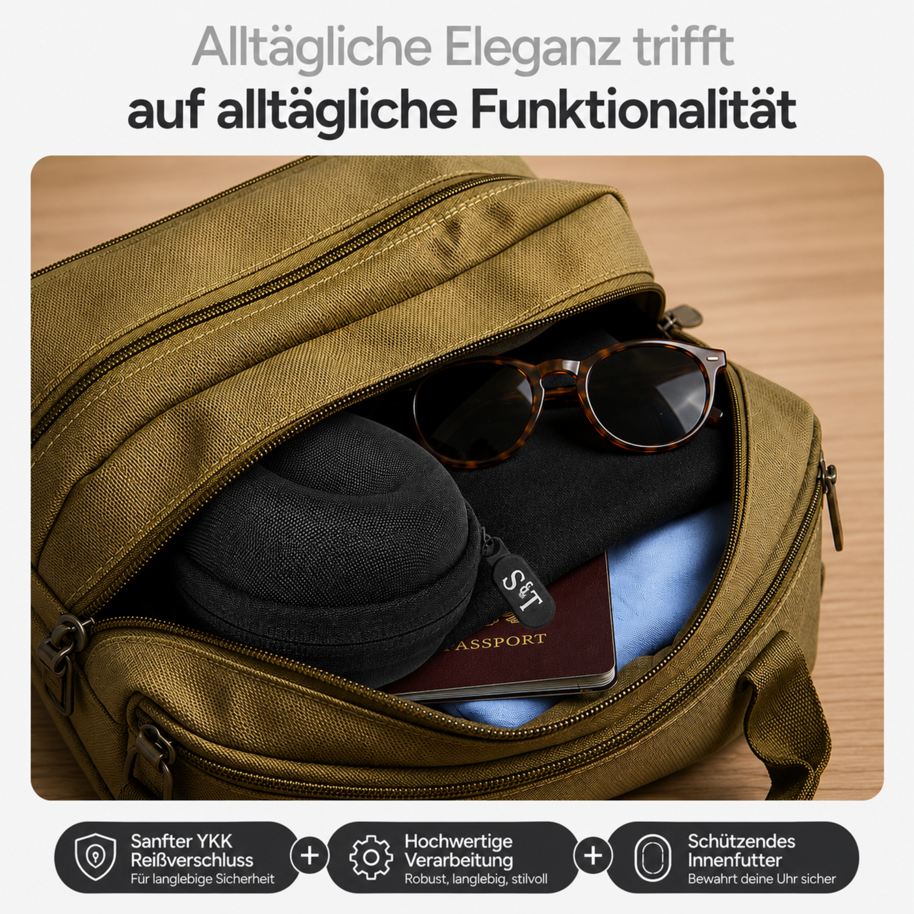 Eine olivgrüne Tasche mit Sonnenbrille, Pass und Schutzhülle.