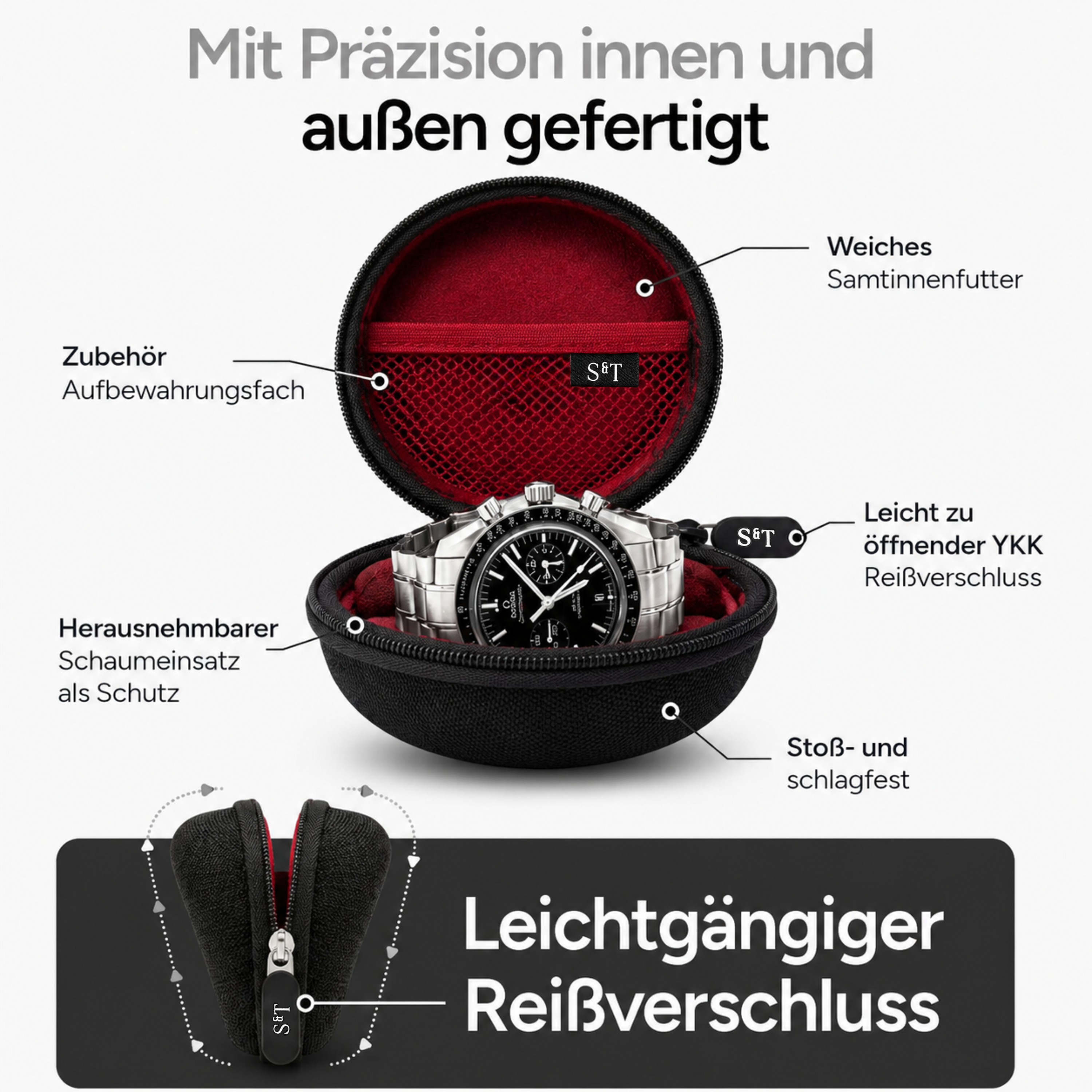 Eine Uhr in einem schwarzen Etui mit rotem Innenfutter. Details über Funktionen.