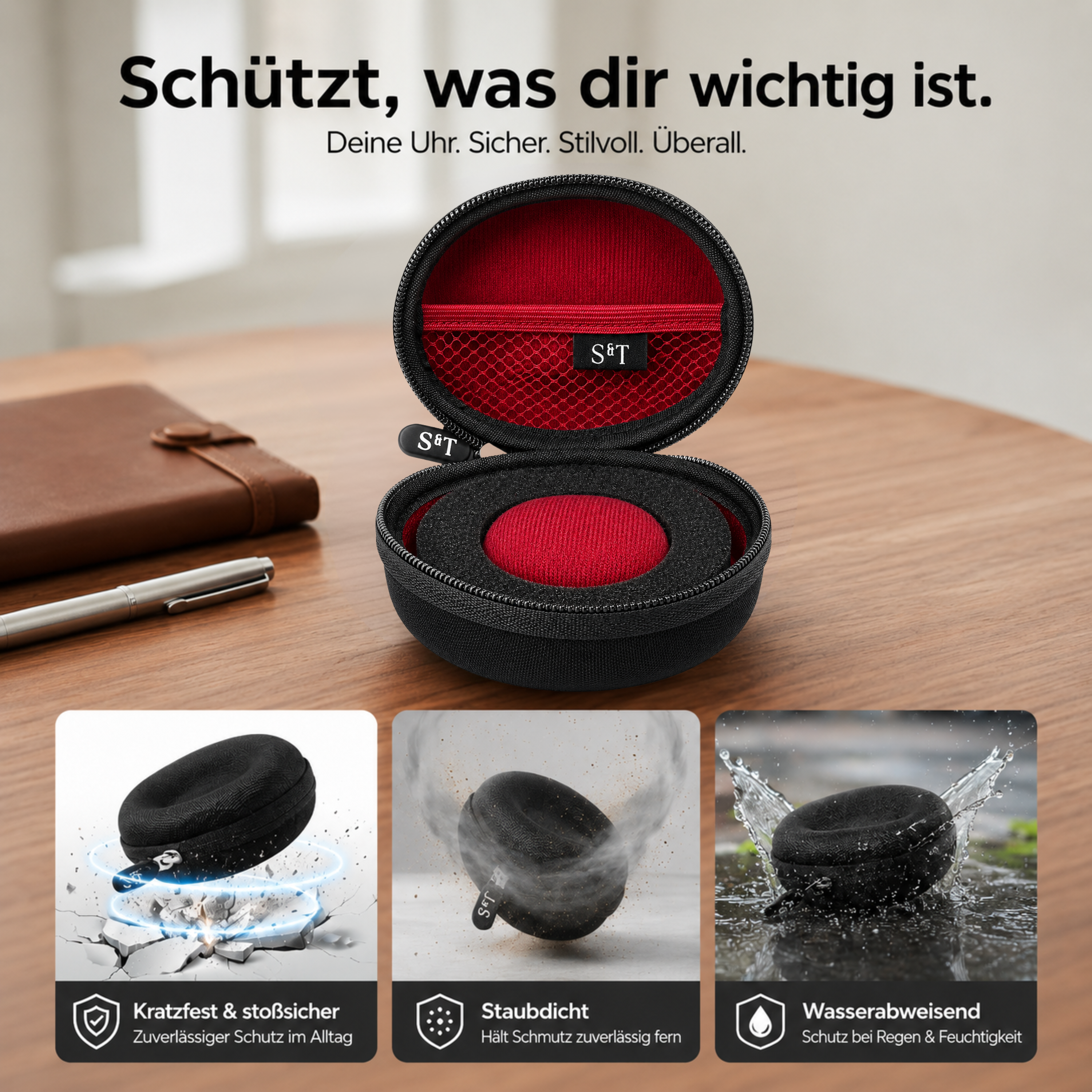 Schwarzer Uhrenkoffer mit rotem Innenfutter, stoßfest, staubdicht, wasserabweisend.