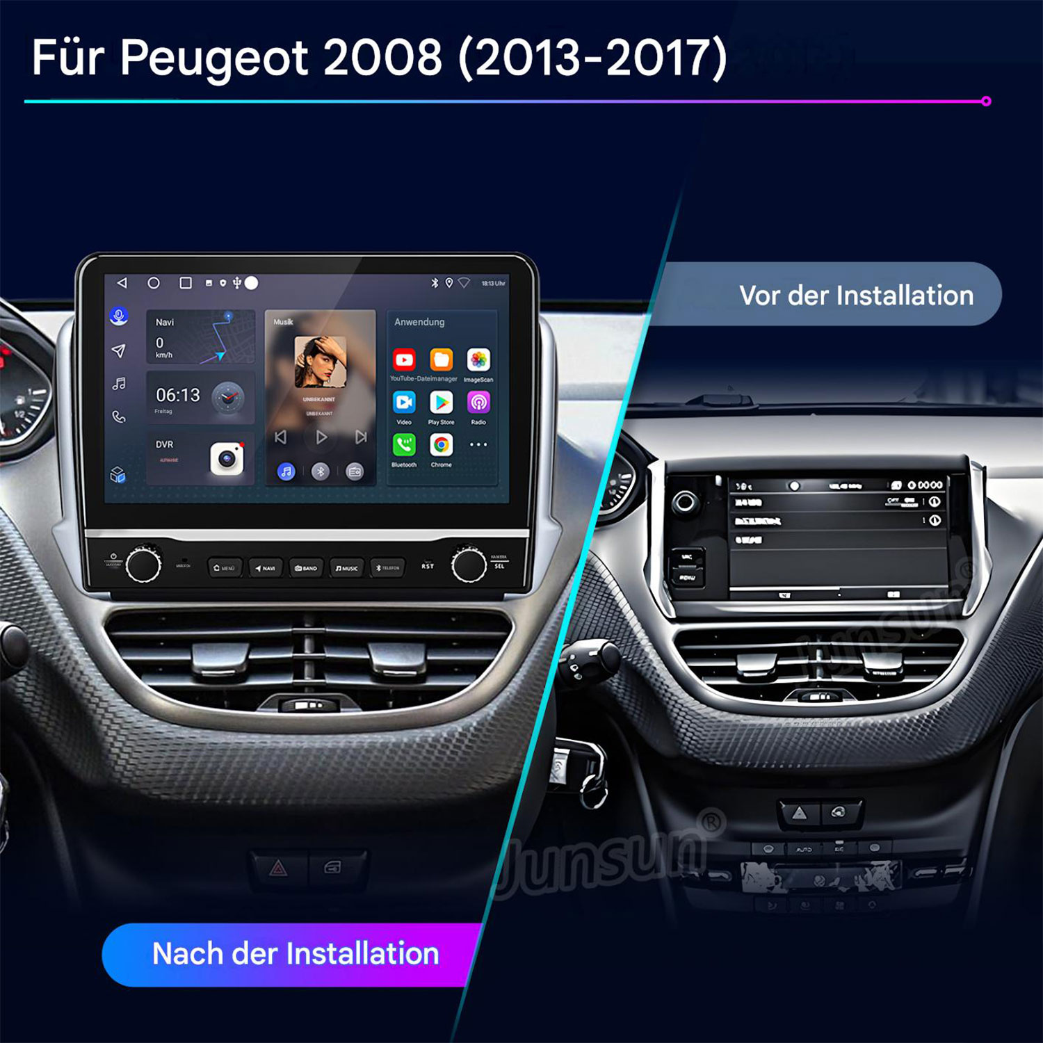 Vorher/Nachher-Vergleich: Peugeot 2008 (2013-2017) Autoradio-Upgrade.