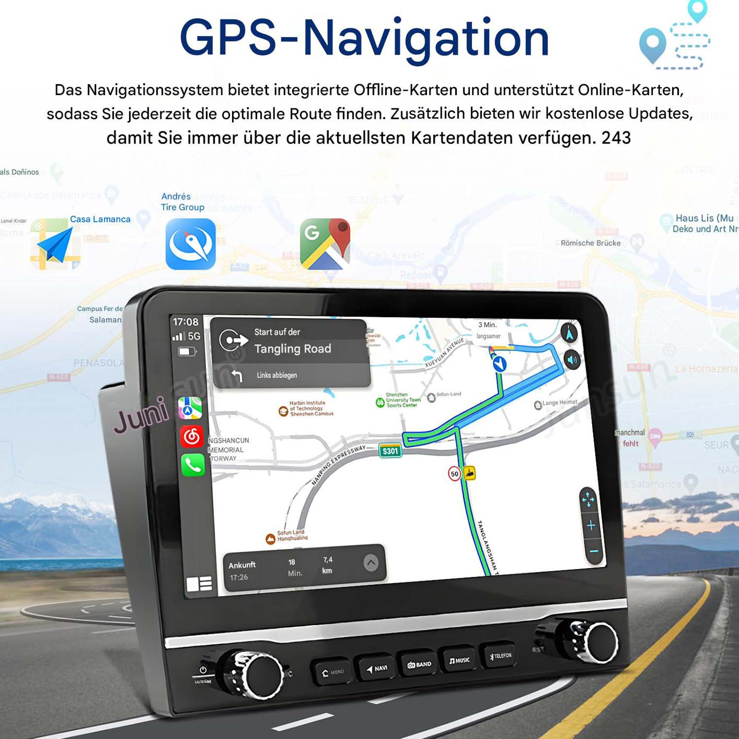 Ein Navigationssystem zeigt eine Karte mit einer Route auf einem Touchscreen.
