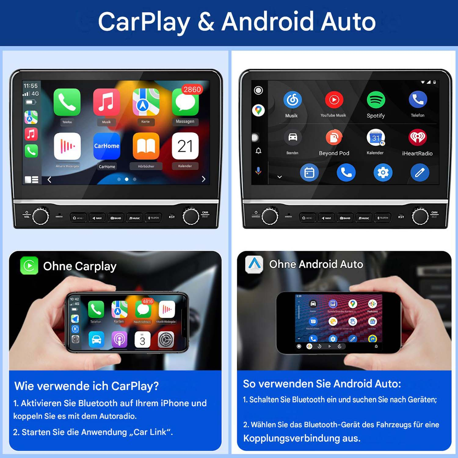 Vier Bildschirme: CarPlay, Android Auto und deren Nutzung mit einem Smartphone.