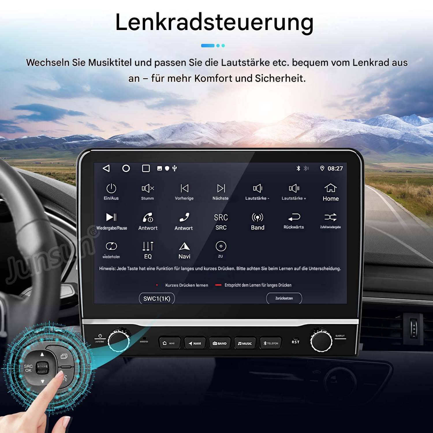 Ein Auto-Infotainmentsystem mit Lenkradsteuerung und verschiedenen Funktionen.
