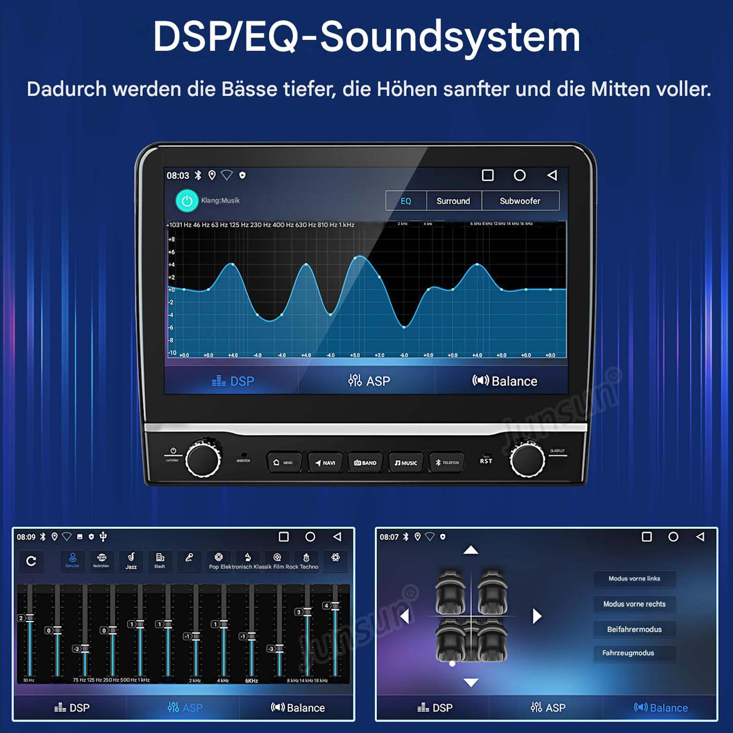 Ein Autoradio-Display zeigt einen Equalizer, DSP-Einstellungen und Audiosteuerung.