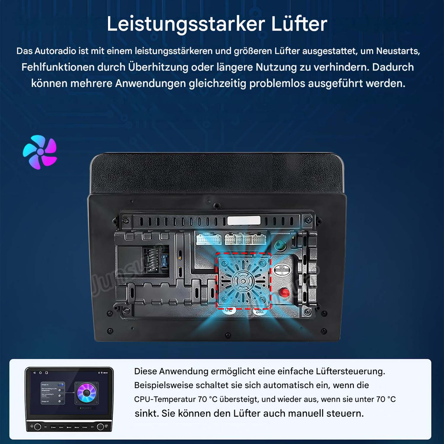 Autoradio mit leistungsstarkem Lüfter, der Überhitzung verhindert. Lüftersteuerung.
