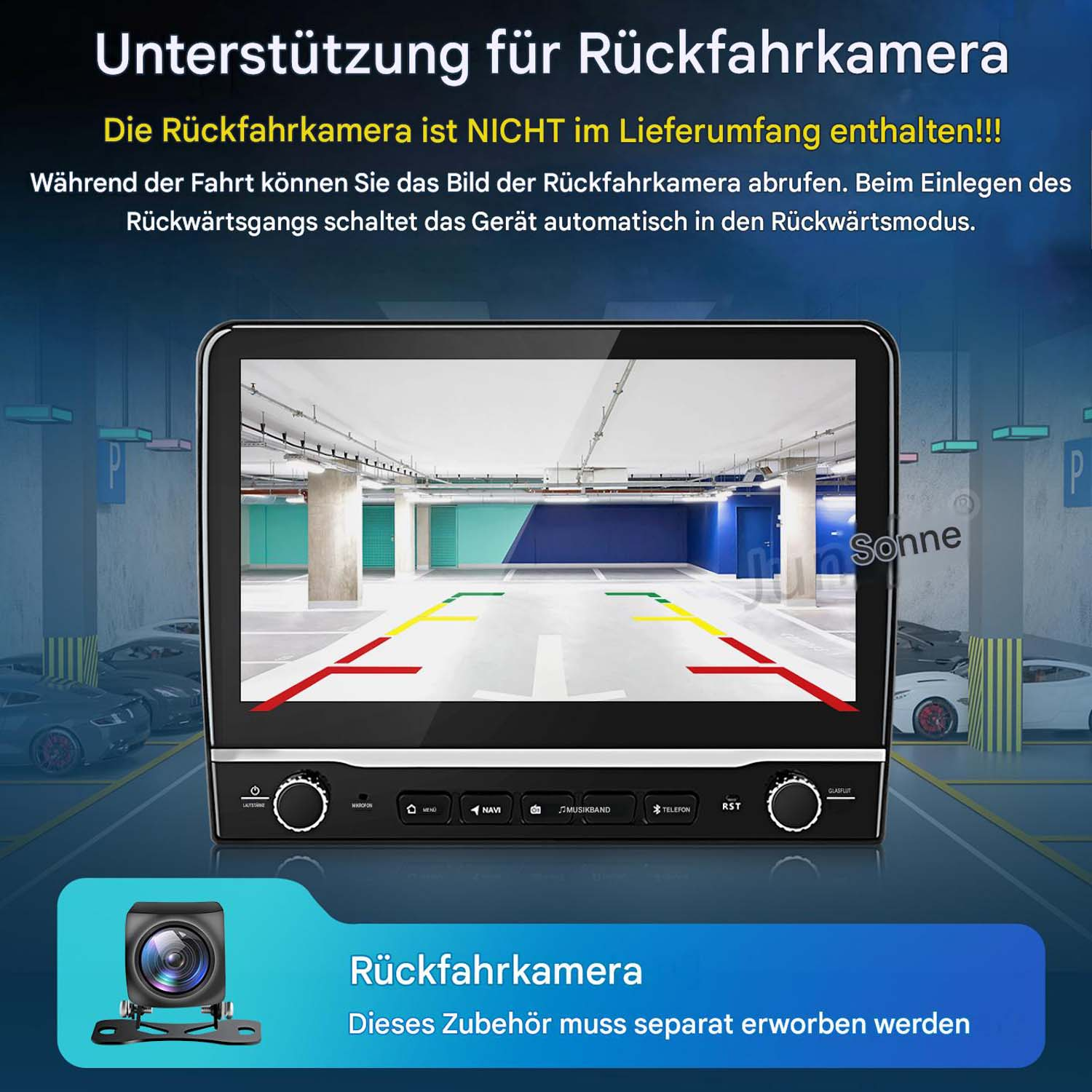 Bildschirm zeigt Parkhausansicht mit Hilfslinien, darunter ein Kamerabild.