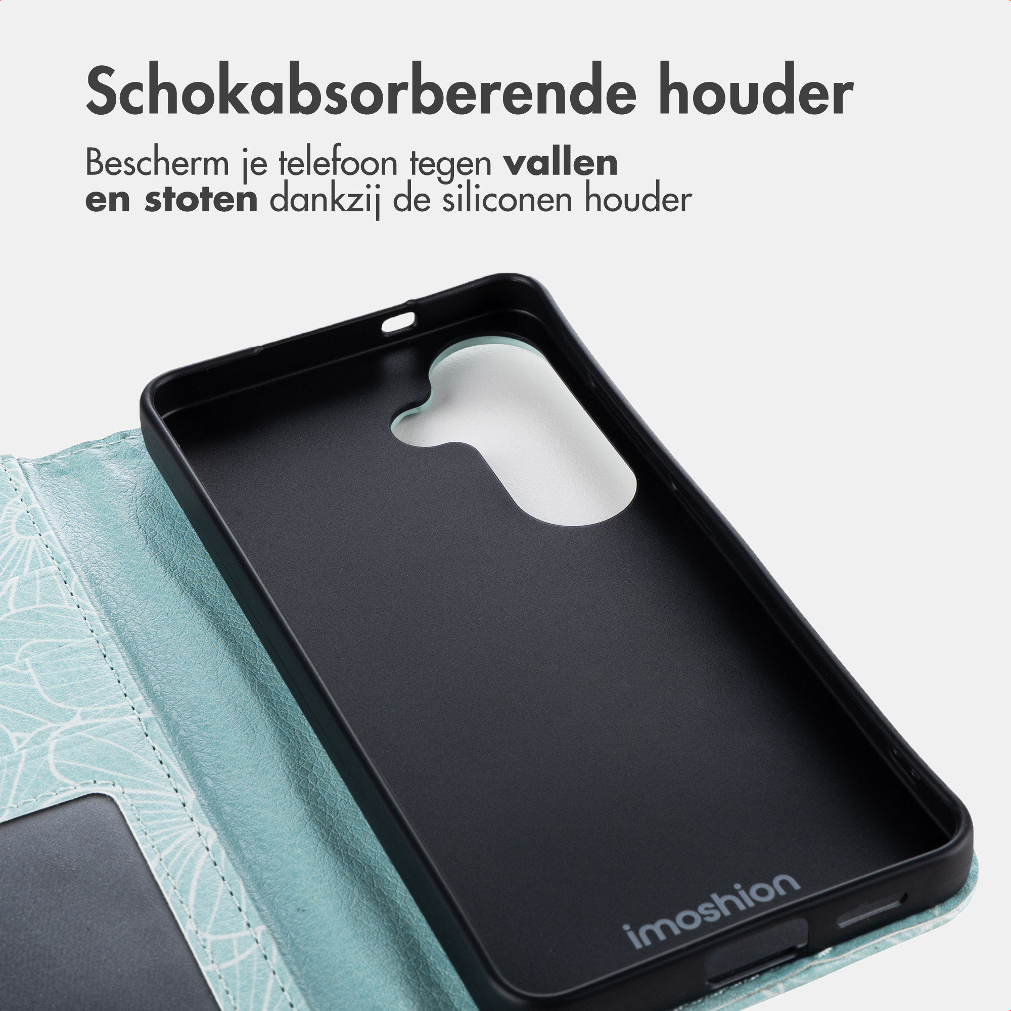 Schwarze Handyhülle mit teal gemustertem Klappdeckel und Kartensteckplatz.