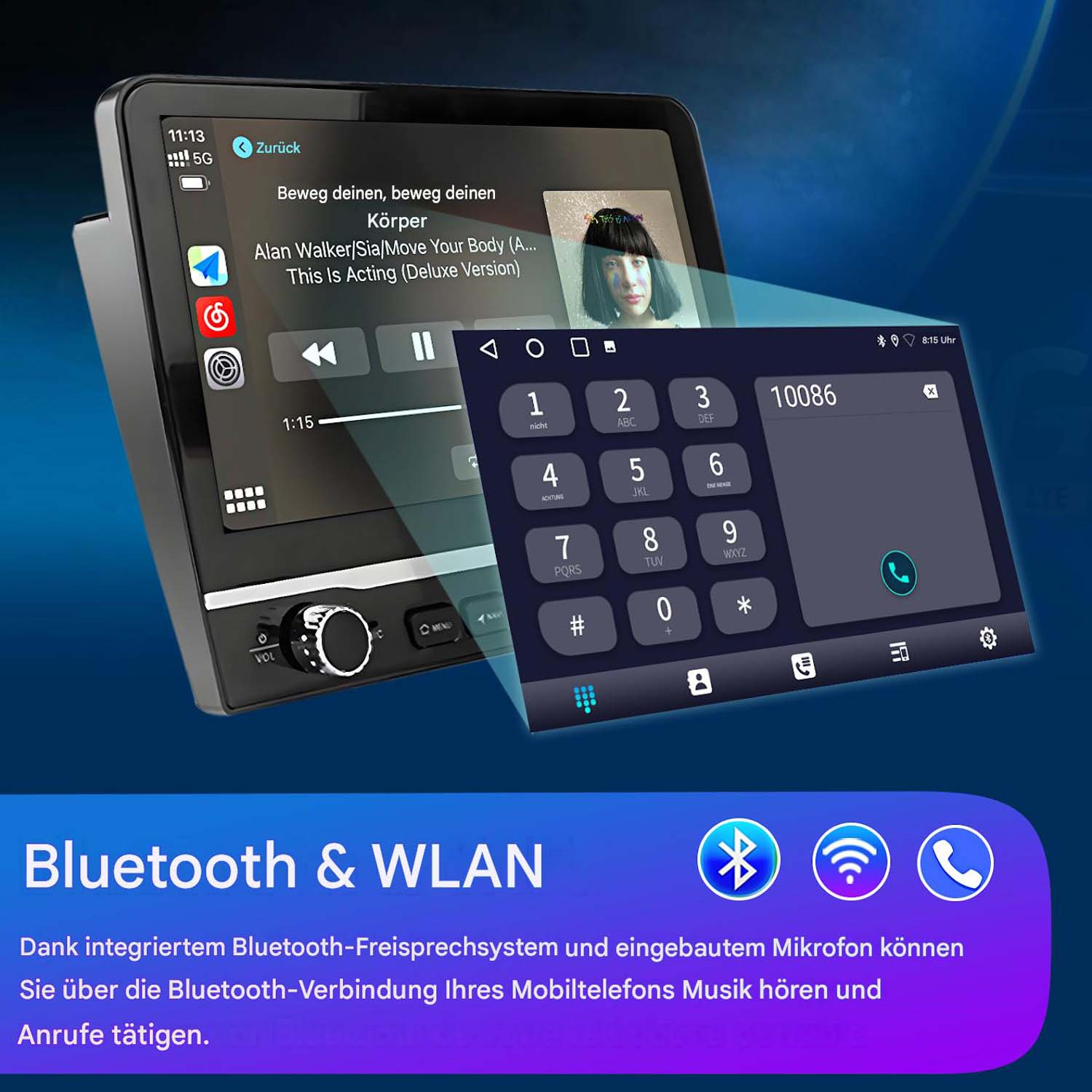 Ein Autoradio zeigt eine Musik-App und ein Ziffernfeld. Unten sind Bluetooth- und WLAN-Symbole.