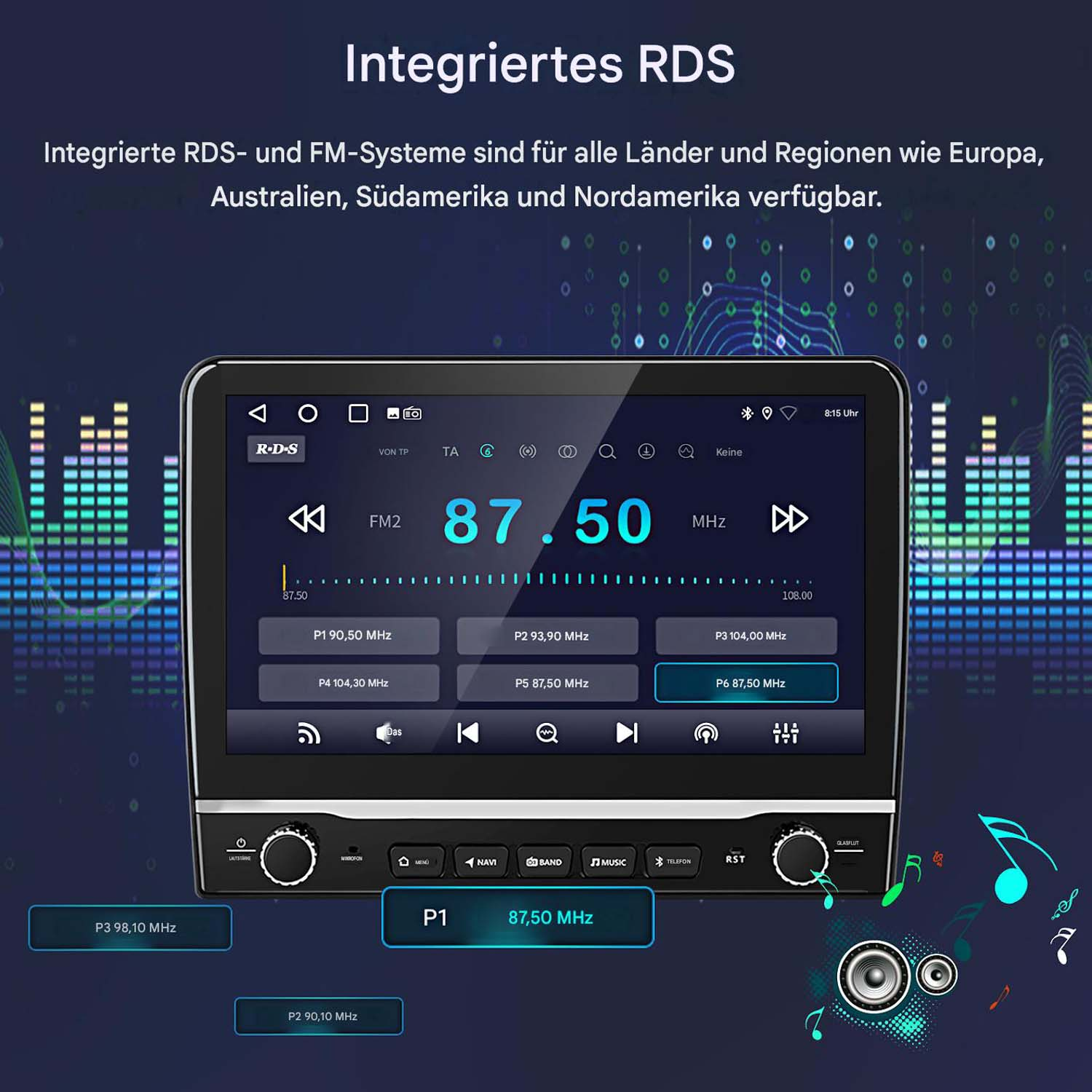 Ein Autoradio-Display mit FM2 87.50 MHz und Speicherplätzen.