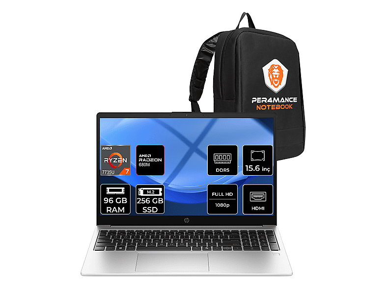 HP 255R G10 FHD D30M1ETPN341 AMD Ryzen 7 7735U 96 GB RAM 256 GB SSD 15,6 inç FreeDOS Laptop+Çanta Metalik Gri