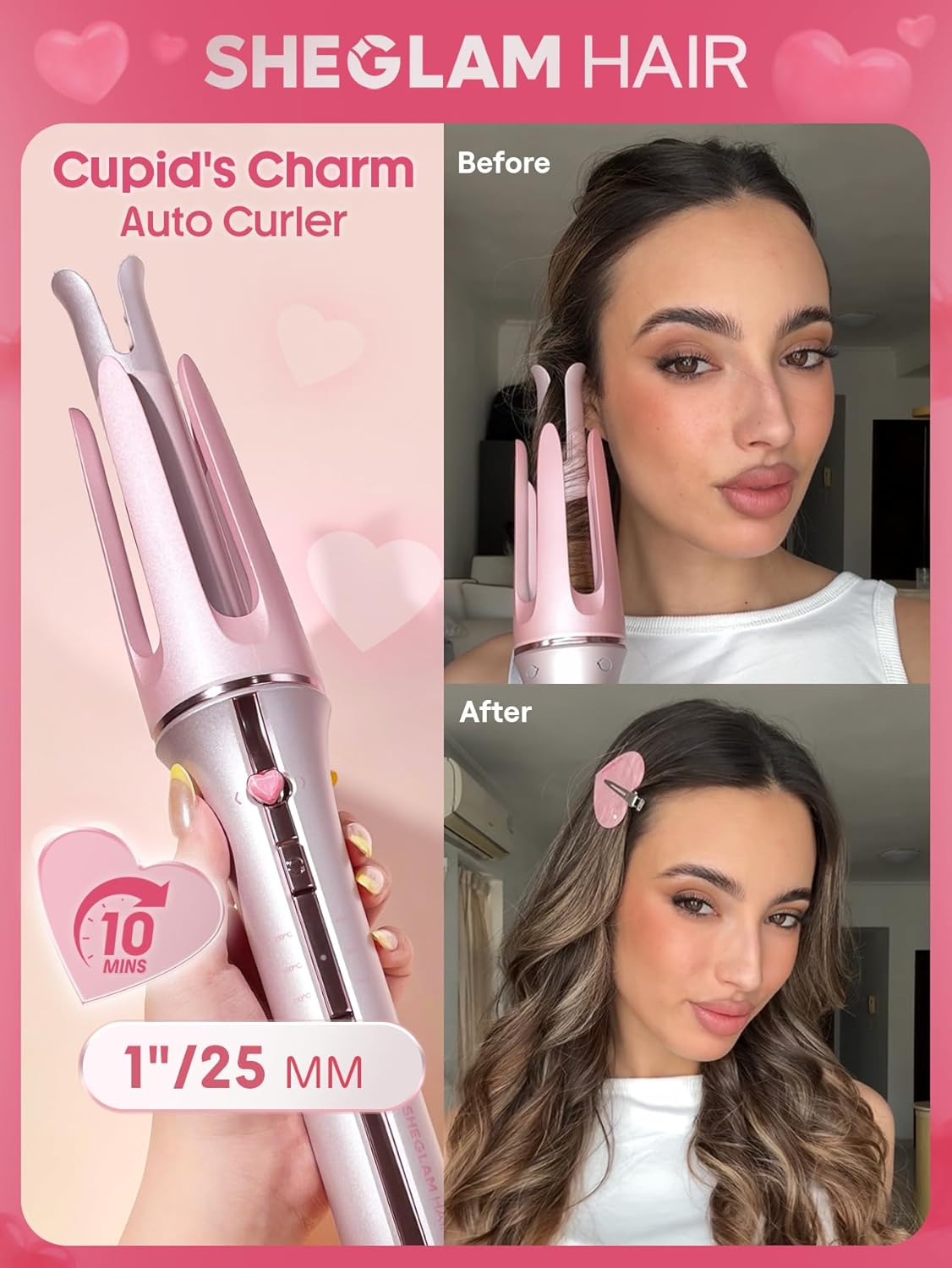 Ein rosa Lockenstab namens Cupid's Charm. Vorher/Nachher-Bilder einer Frau.