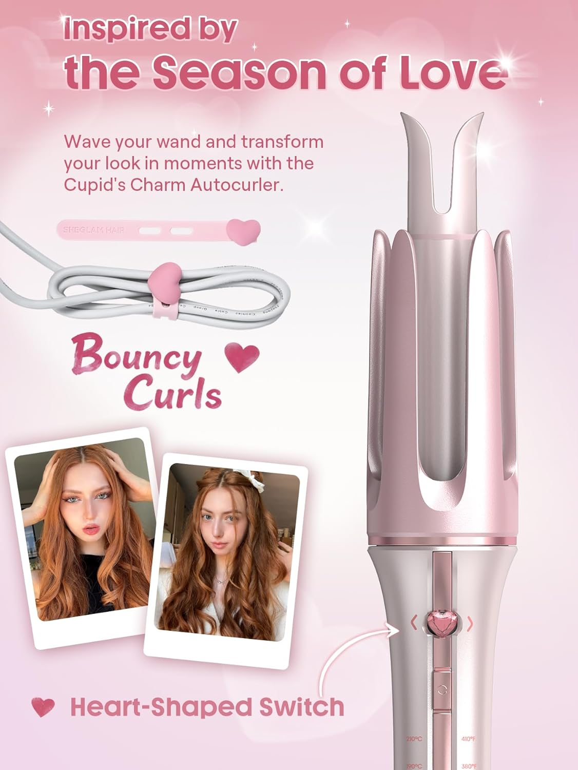 Ein rosa Lockenstab mit Herzschalter, inspiriert von der Jahreszeit der Liebe.