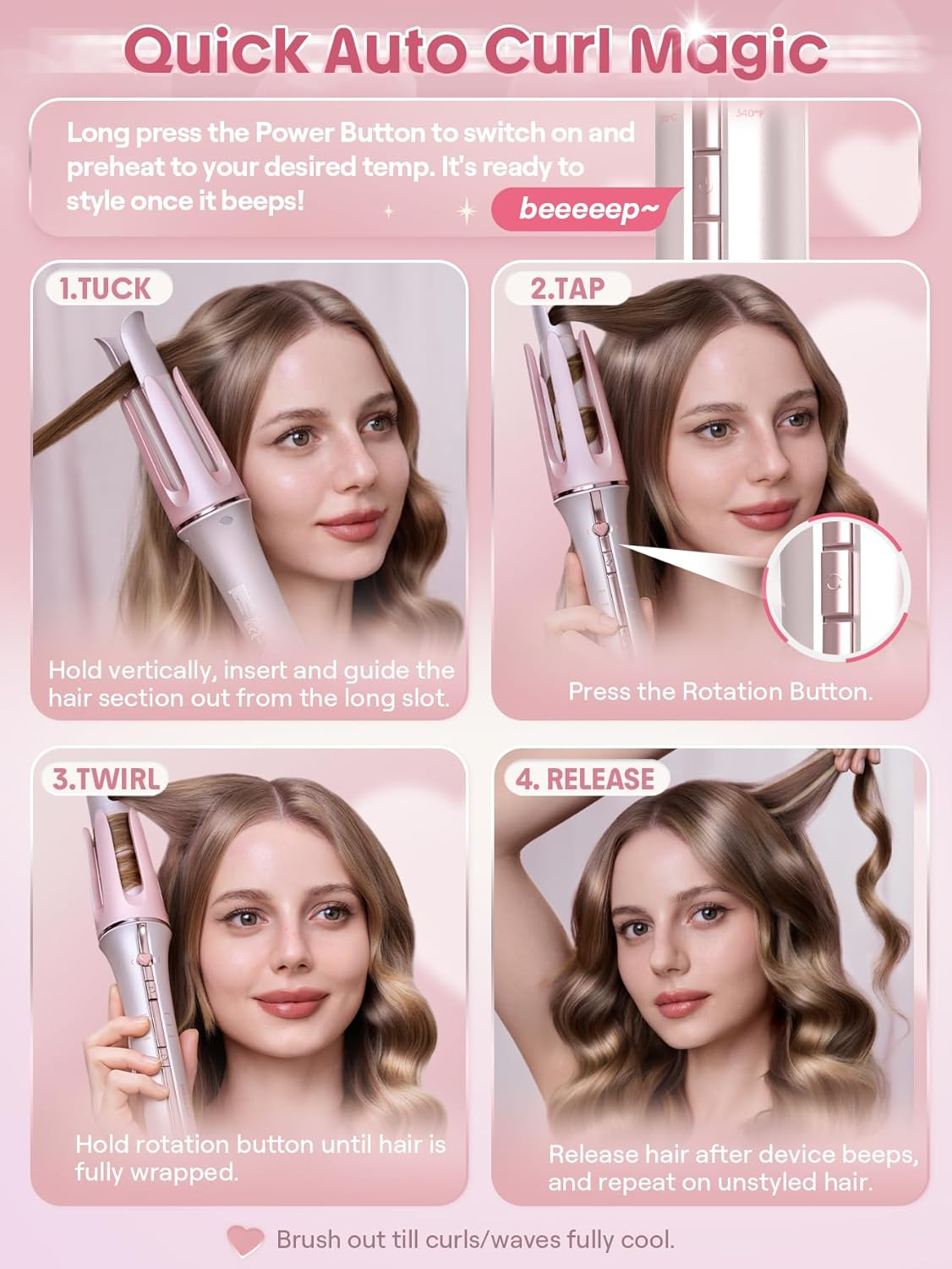 Anleitung für automatische Haarwickler: 4 Schritte zum Stylen, mit Fokus auf Einlegen, Drehen und Lösen.