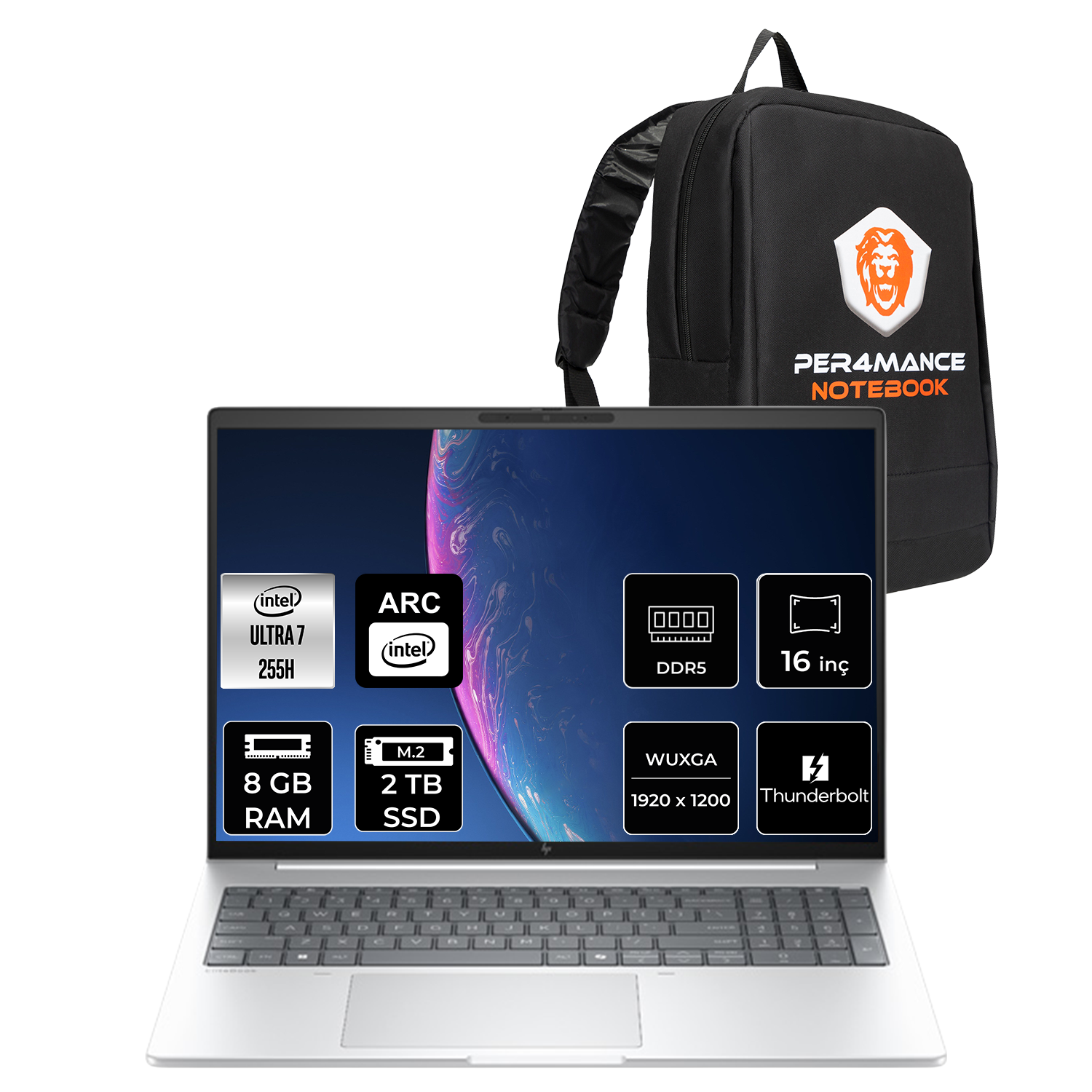 Intel Ultra 7, 8 GB RAM, 2 TB SSD ve siyah sırt çantalı gümüş laptop.